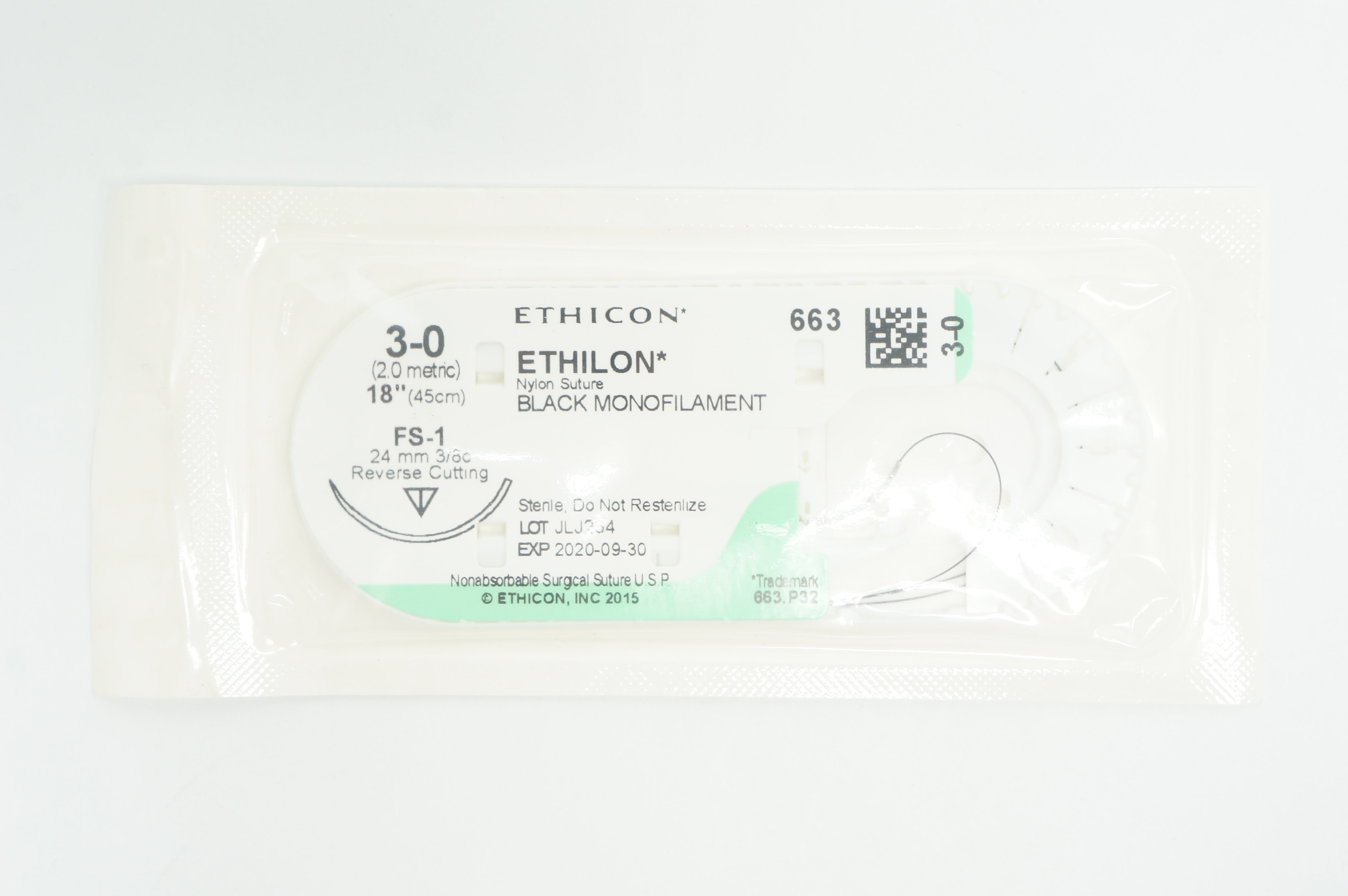 Ethicon 663 3-0 ETHILON FS-1, 24mm 3/8c Reverse Cutting, 18inch (x)