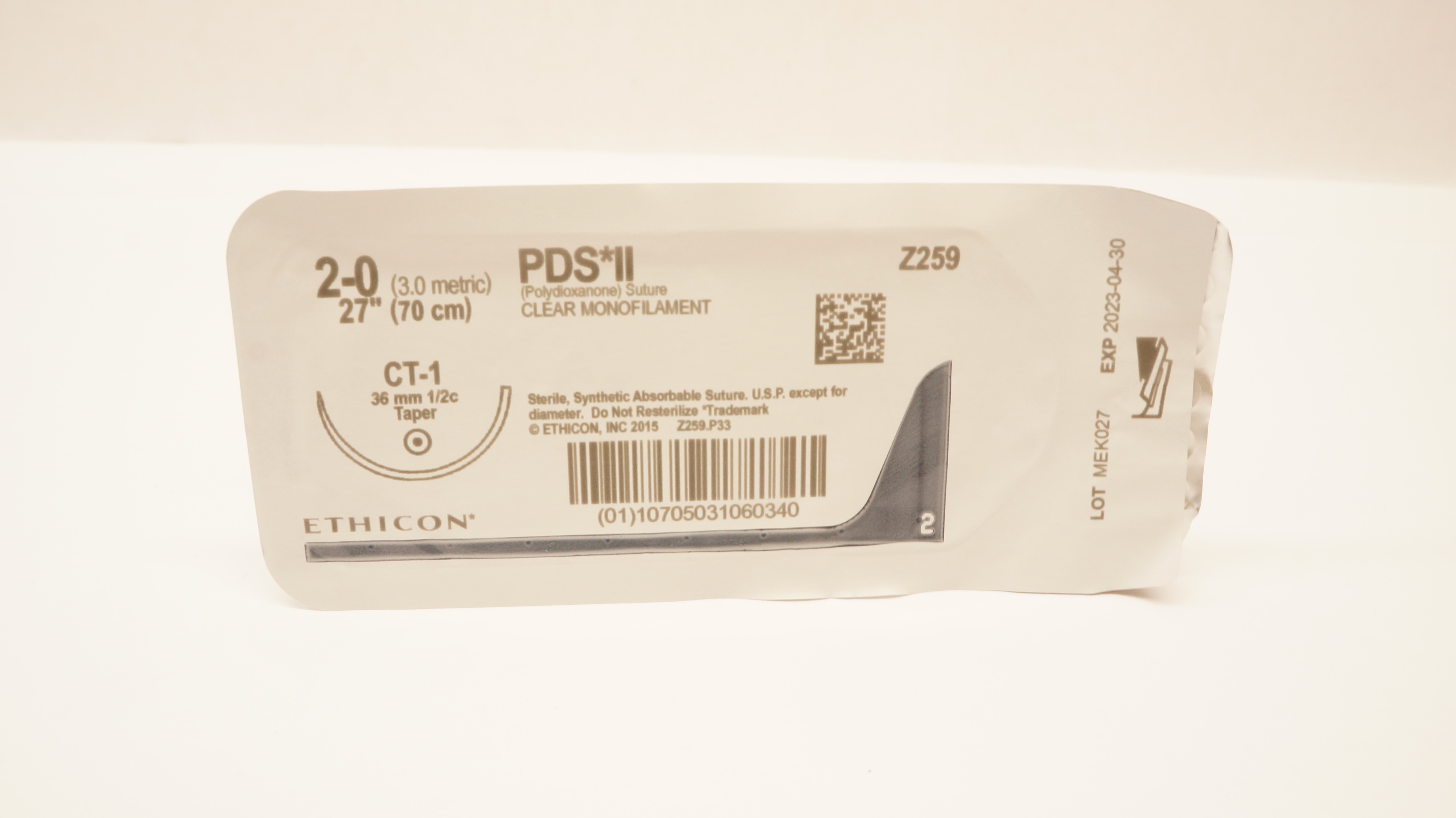 Ethicon Z259 2-0 PDS II Clear Monofilament, CT-1, 36mm 1/2c Taper, 27inch