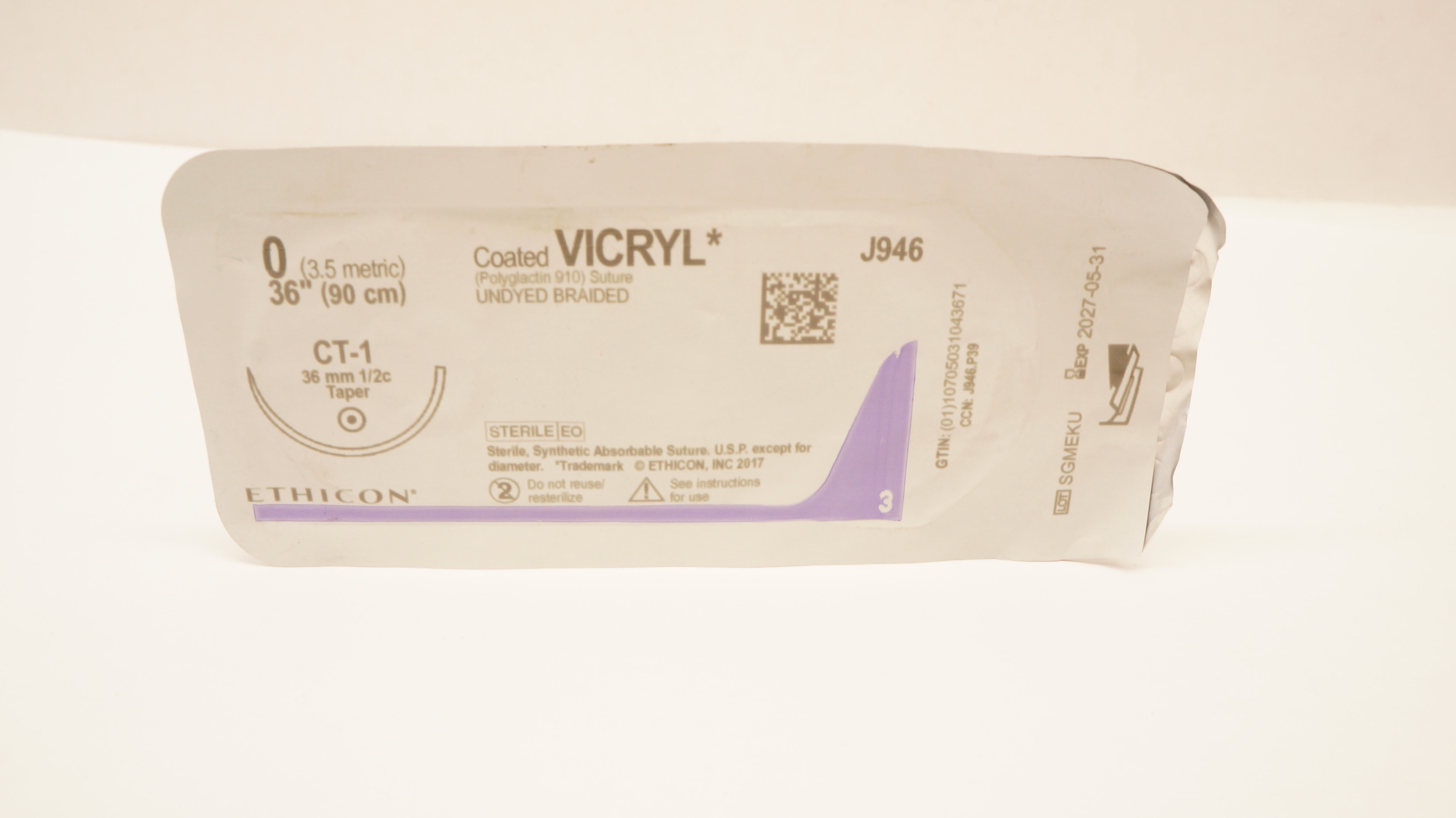 Ethicon J946 0 Coated VICRYL Undyed Braided, CT-1, 36mm 1/2c Taper, 36inch