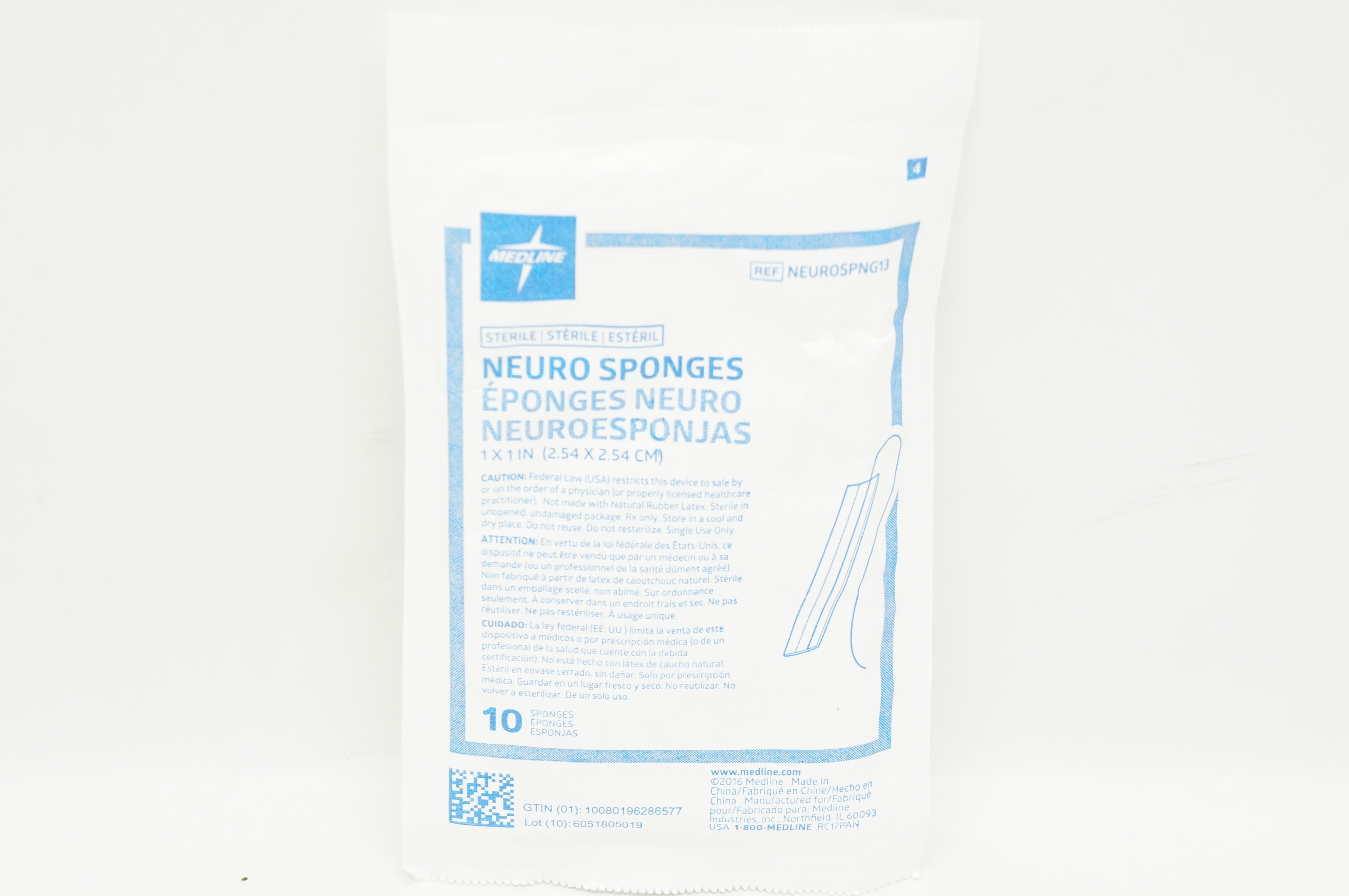Medline NEUROSPNG13 Neuro Sponges 1inch x 1inch - Pack of 10