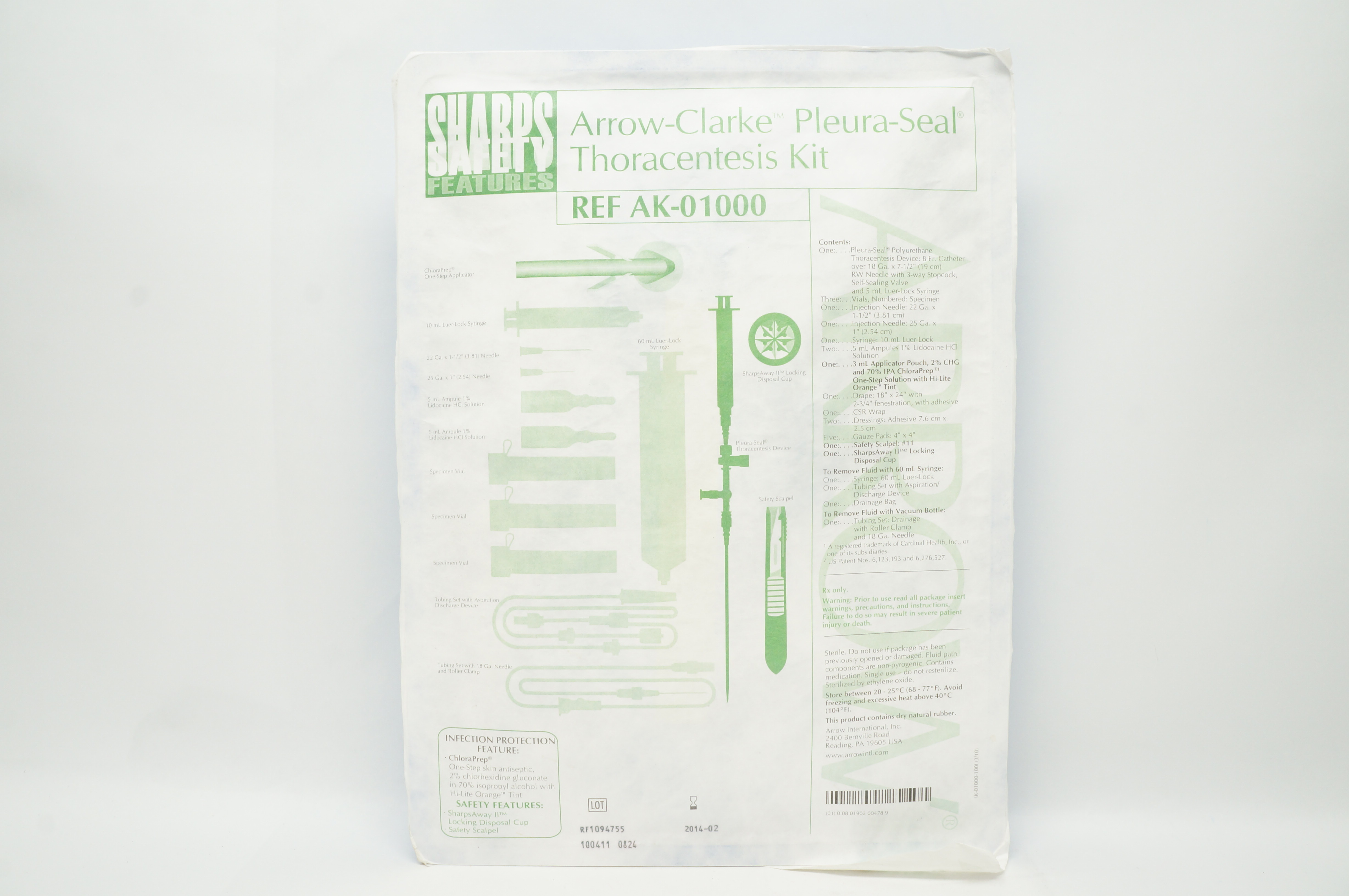 Arrow AK-01000 Clarke Pleura-Seal Thoracentesis Kit 8Fr (x)