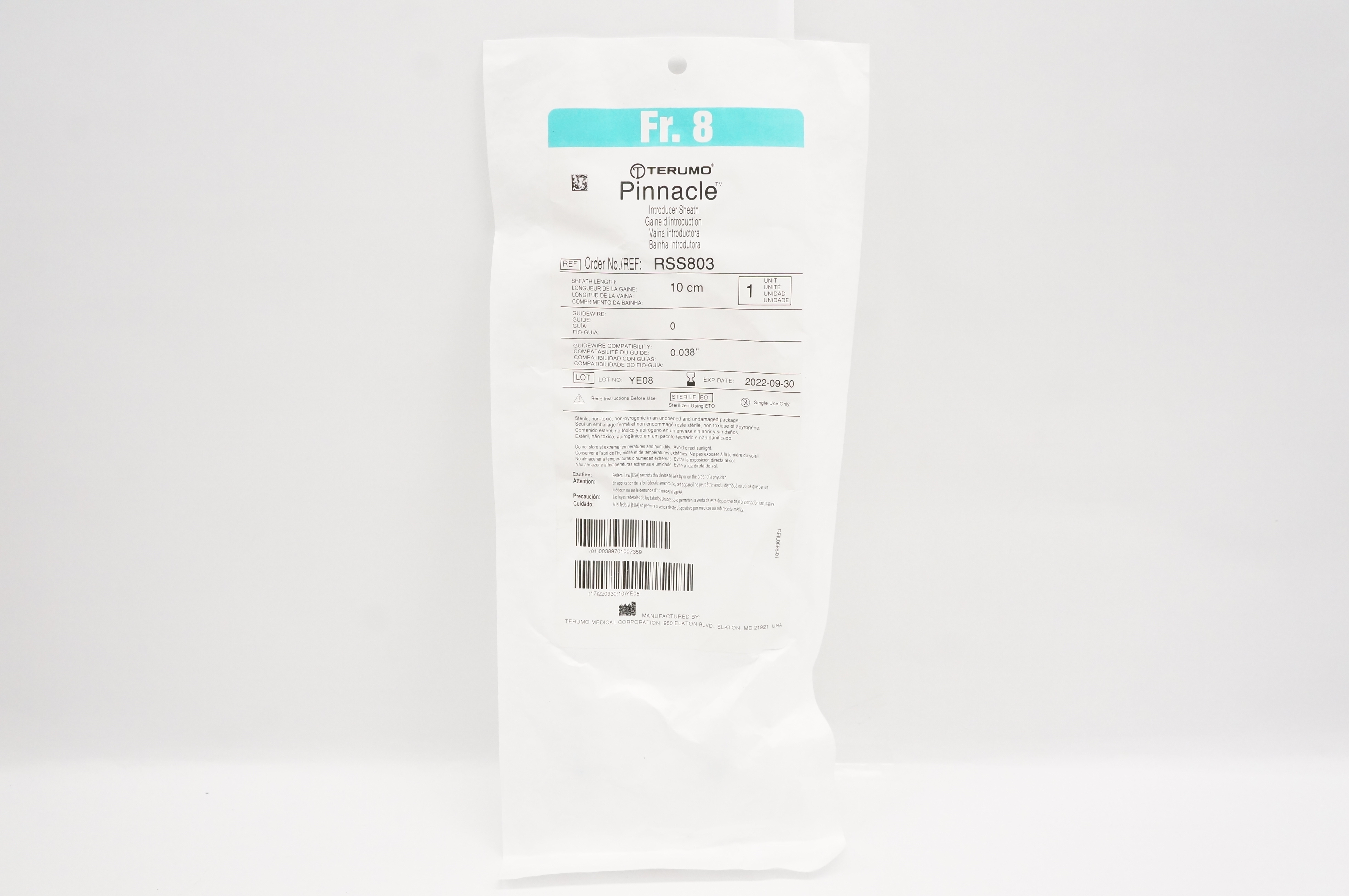 Terumo RSS803 Pinnacle Introducer Sheath 8Fr x 0.038inch x 10cm (x)