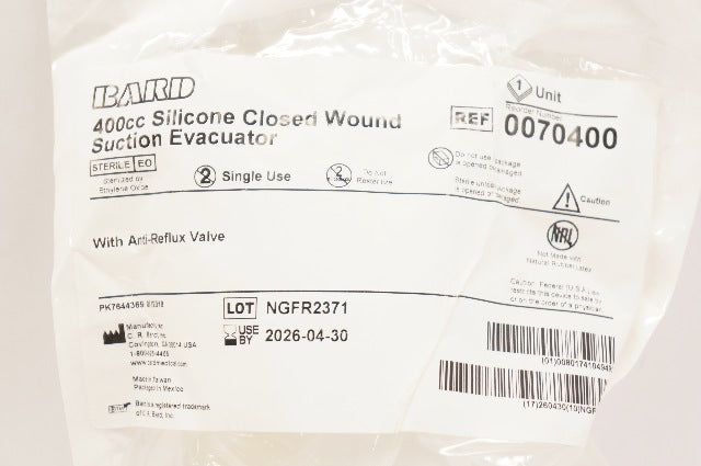 Bard 0070400 Silicone 400cc Closed Wound Suction Evacuator w/Anti-Reflux Valve