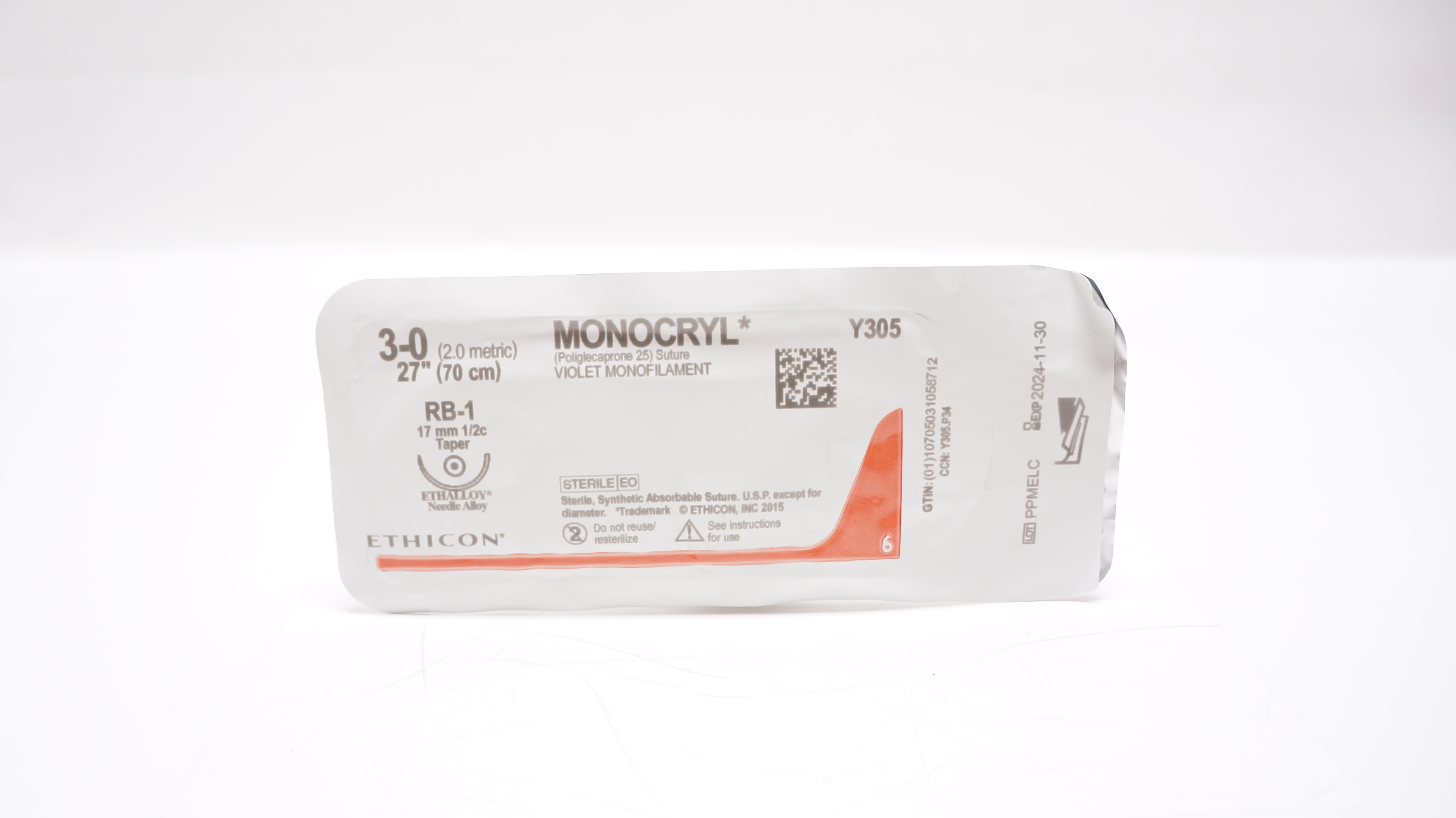 Ethicon Y305 3-0 MONOCRYL, Violet Monofilament, RB-1, 17mm 1/2c Taper, 27inch
