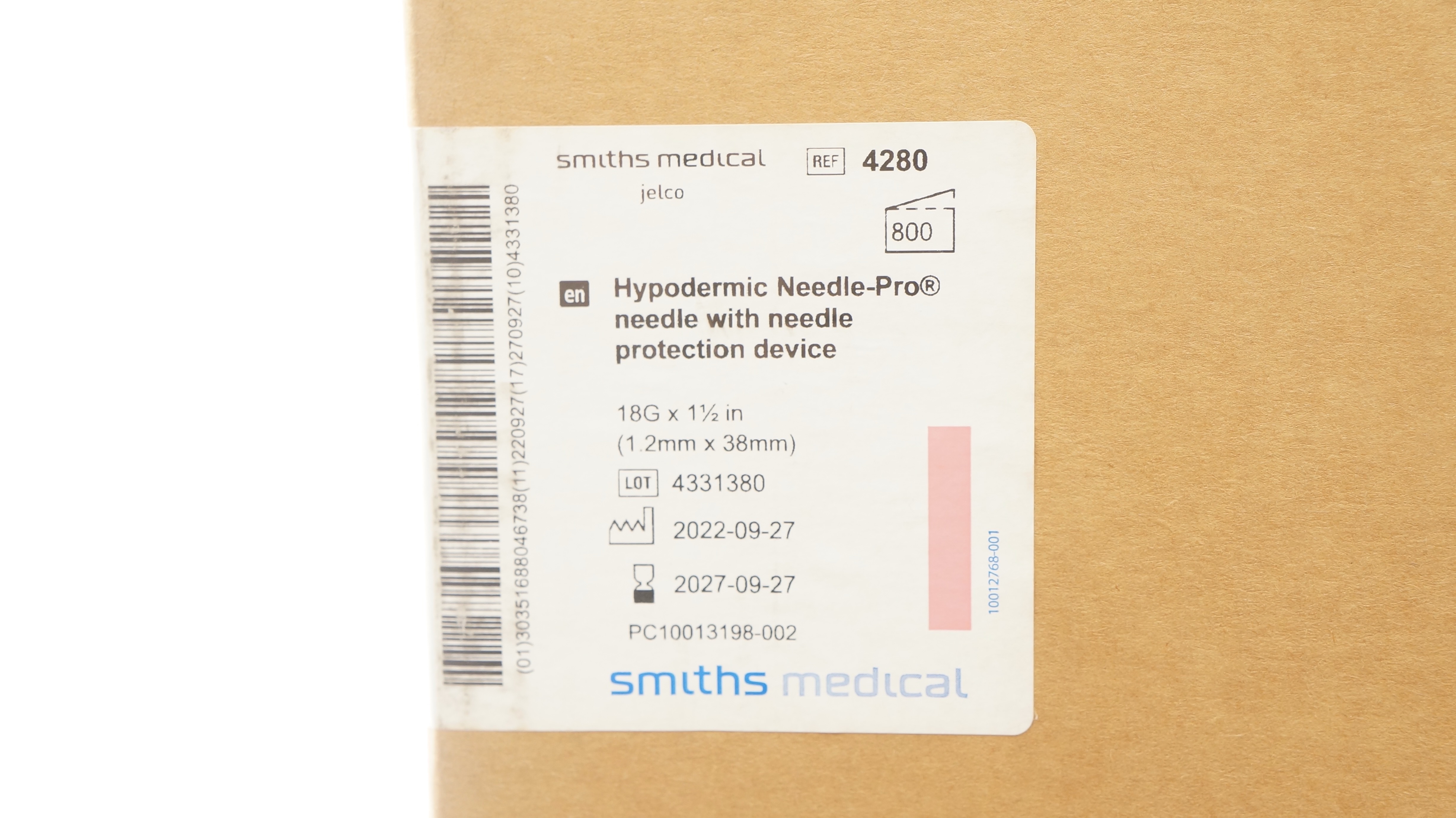 Smiths Medical 4280 Hypodermic Ndle w/Protection 18G x 1-1/2inch - Box of 800