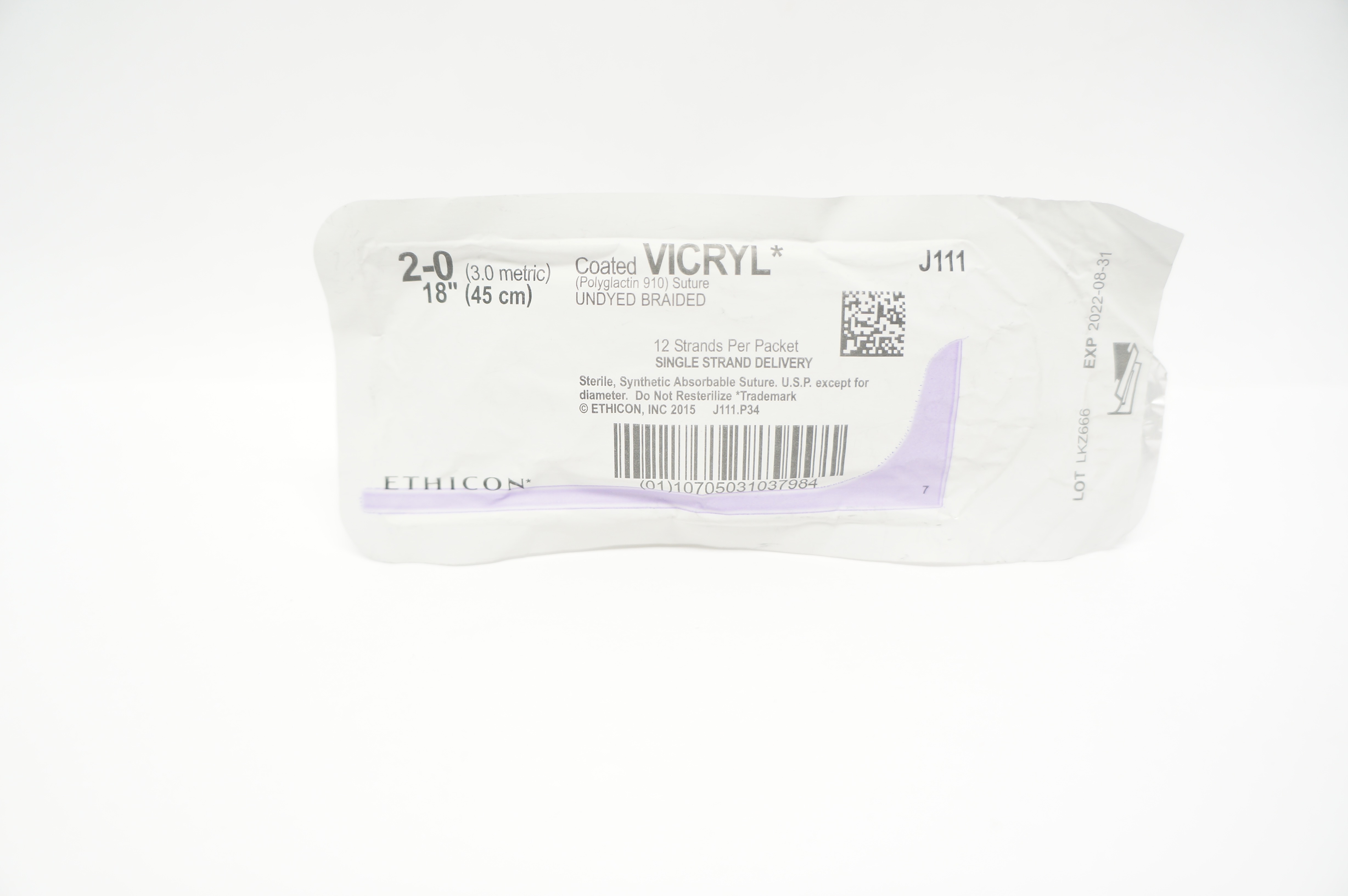 Ethicon J111 2-0 Coated VICRYL, Undyed Braided, 12 Strands,18inch (x)