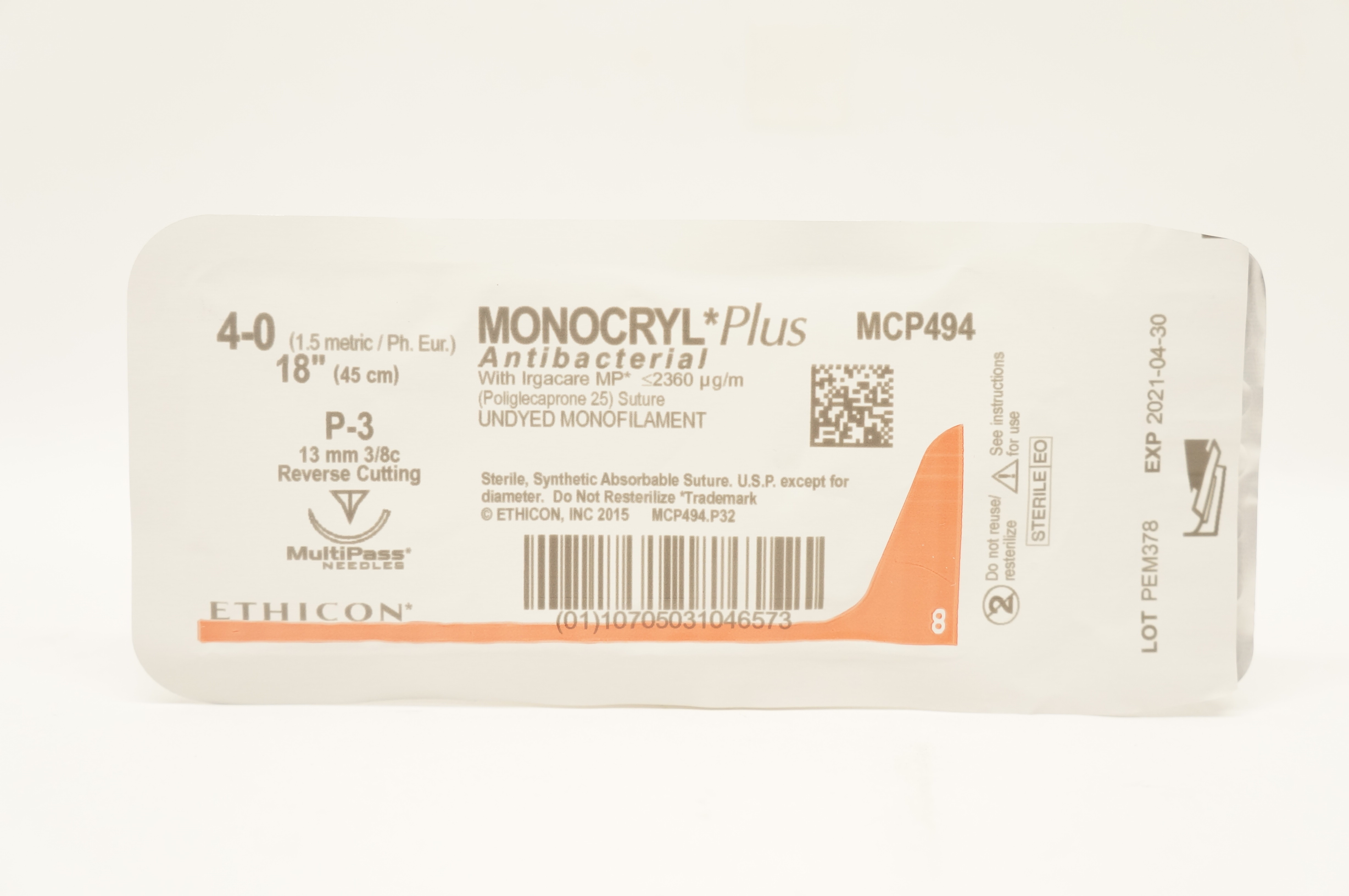 Ethicon MCP494 4-0 MONOCRYL Plus, P-3, 13mm 3/8c, 18inch