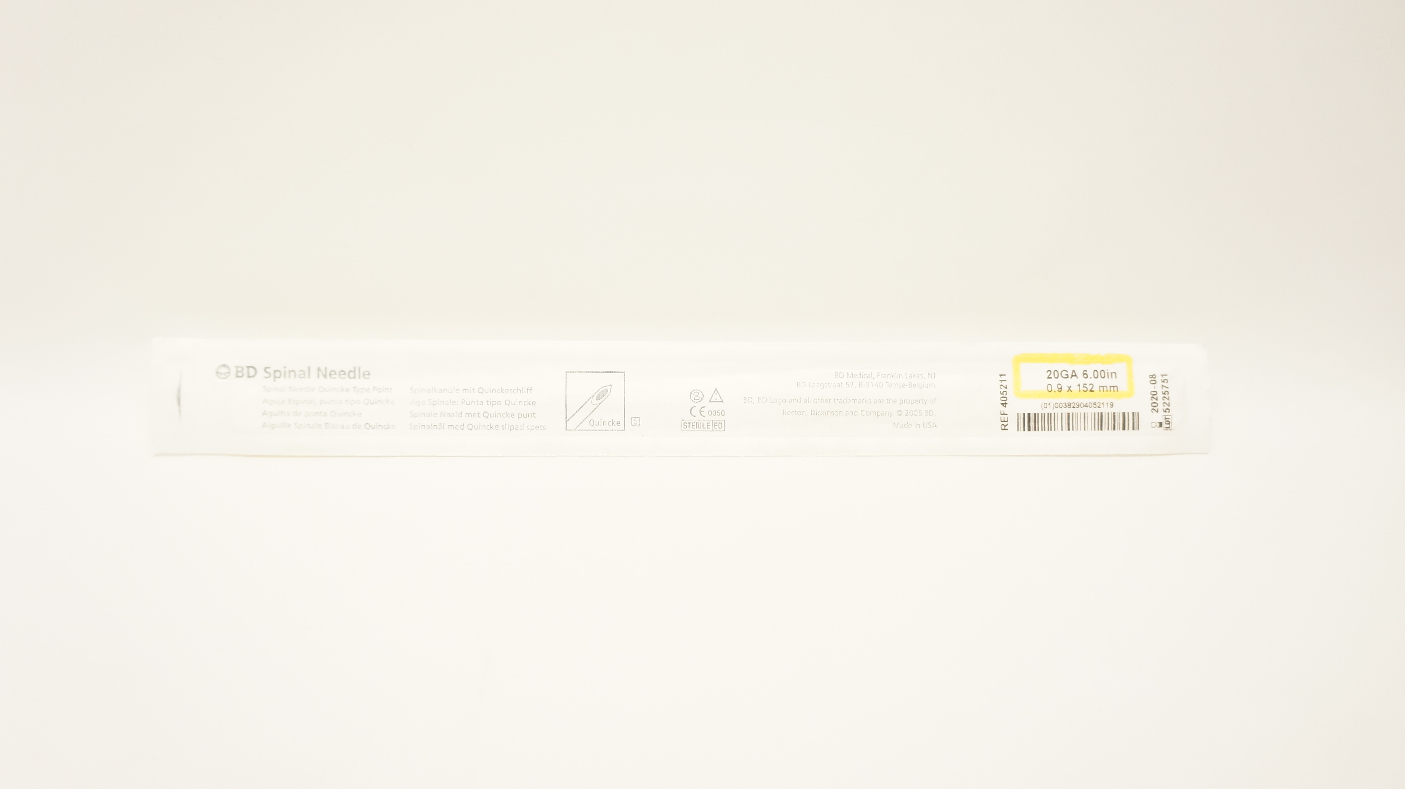 BD 405211 Spinal Needle Quincke Type Point 20Ga x 6inch (x)