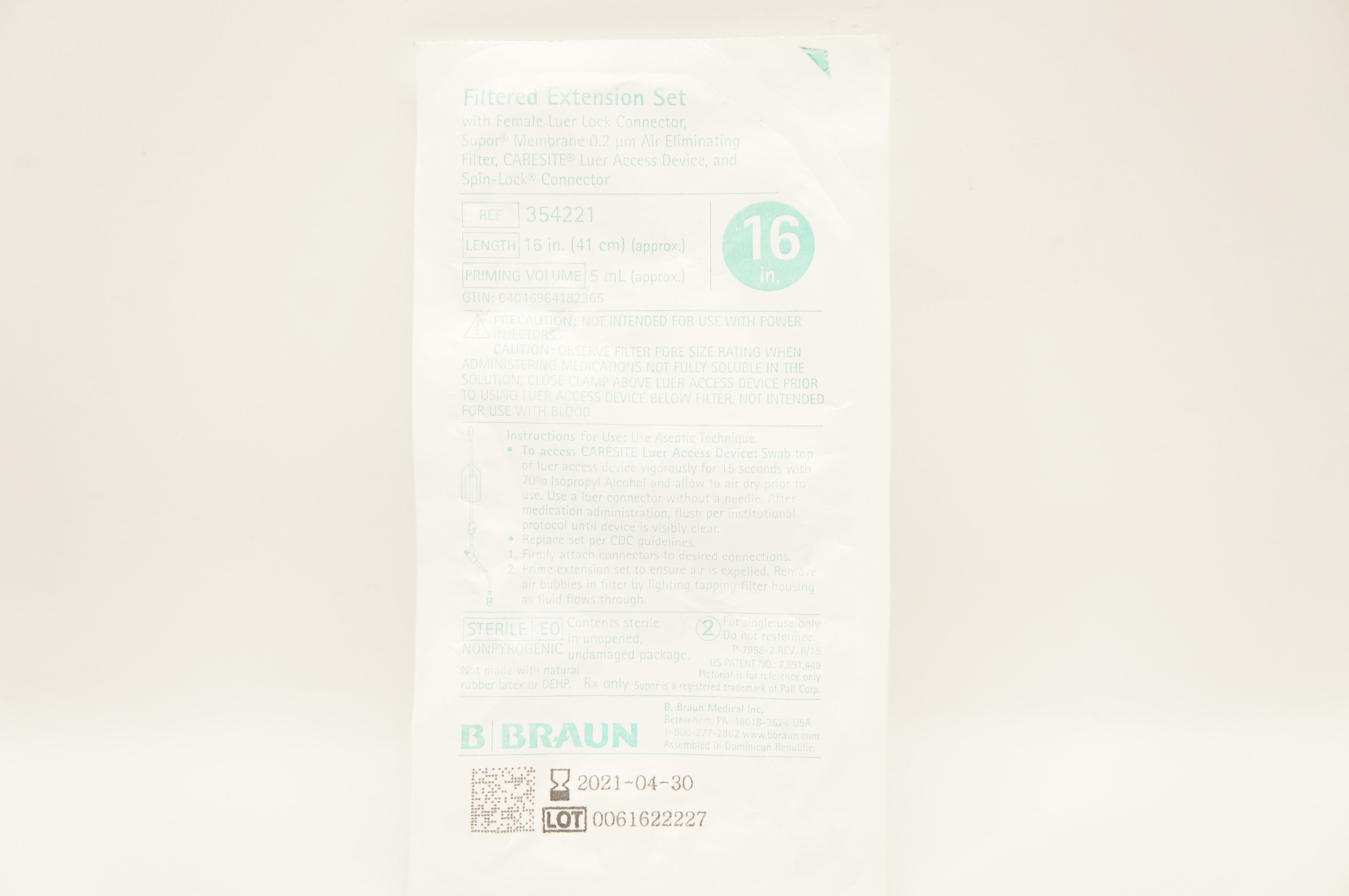 Braun 354221 Filtered Extension Set w/Female Luer Lock Connector 16inch x 5mL