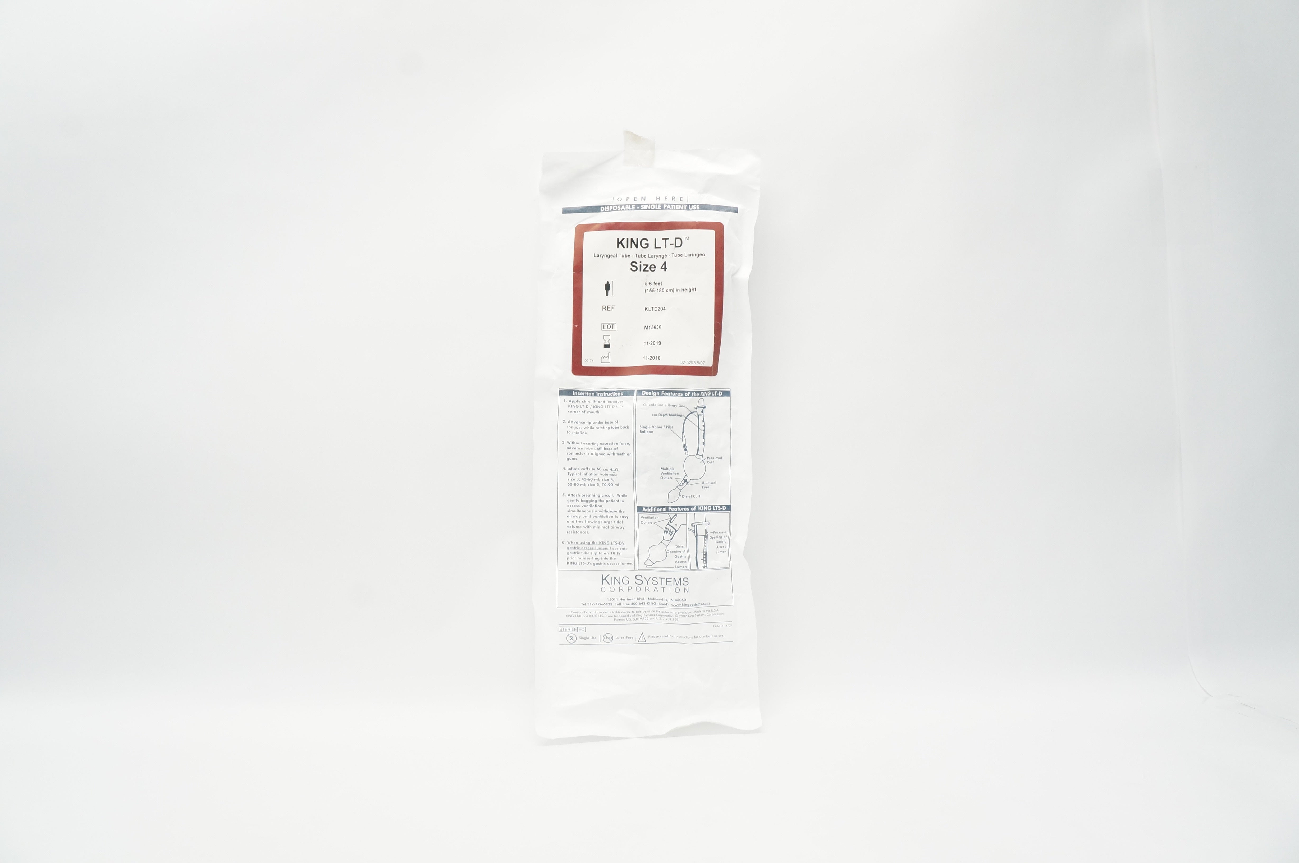 King Systems KLTD204 Laryngeal Tube, Size 4, 5-6 Feet  In Height (x)