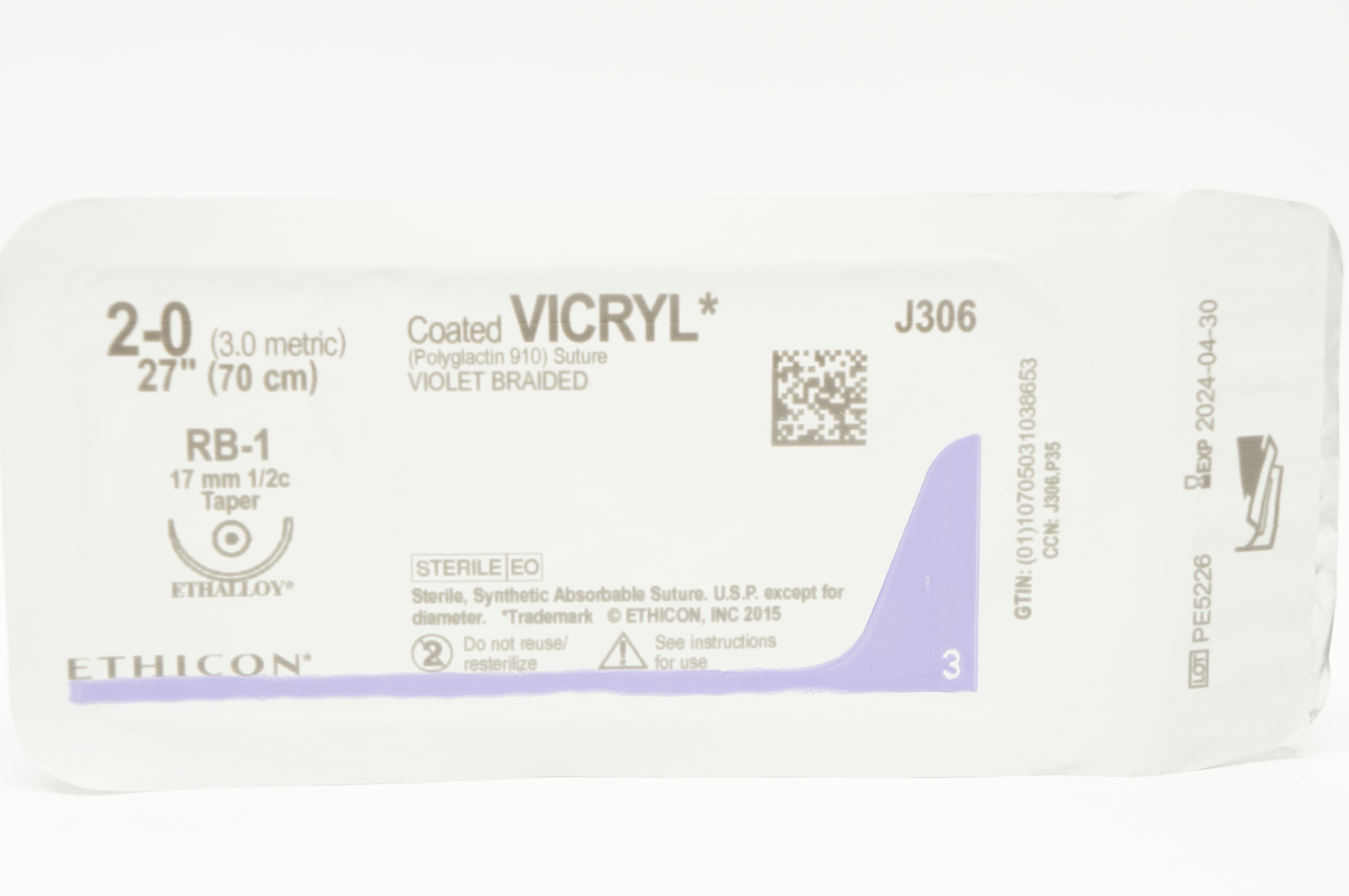 Ethicon J306 2-0 VICRYL RB-1 17mm 1/2c Taper 27inch