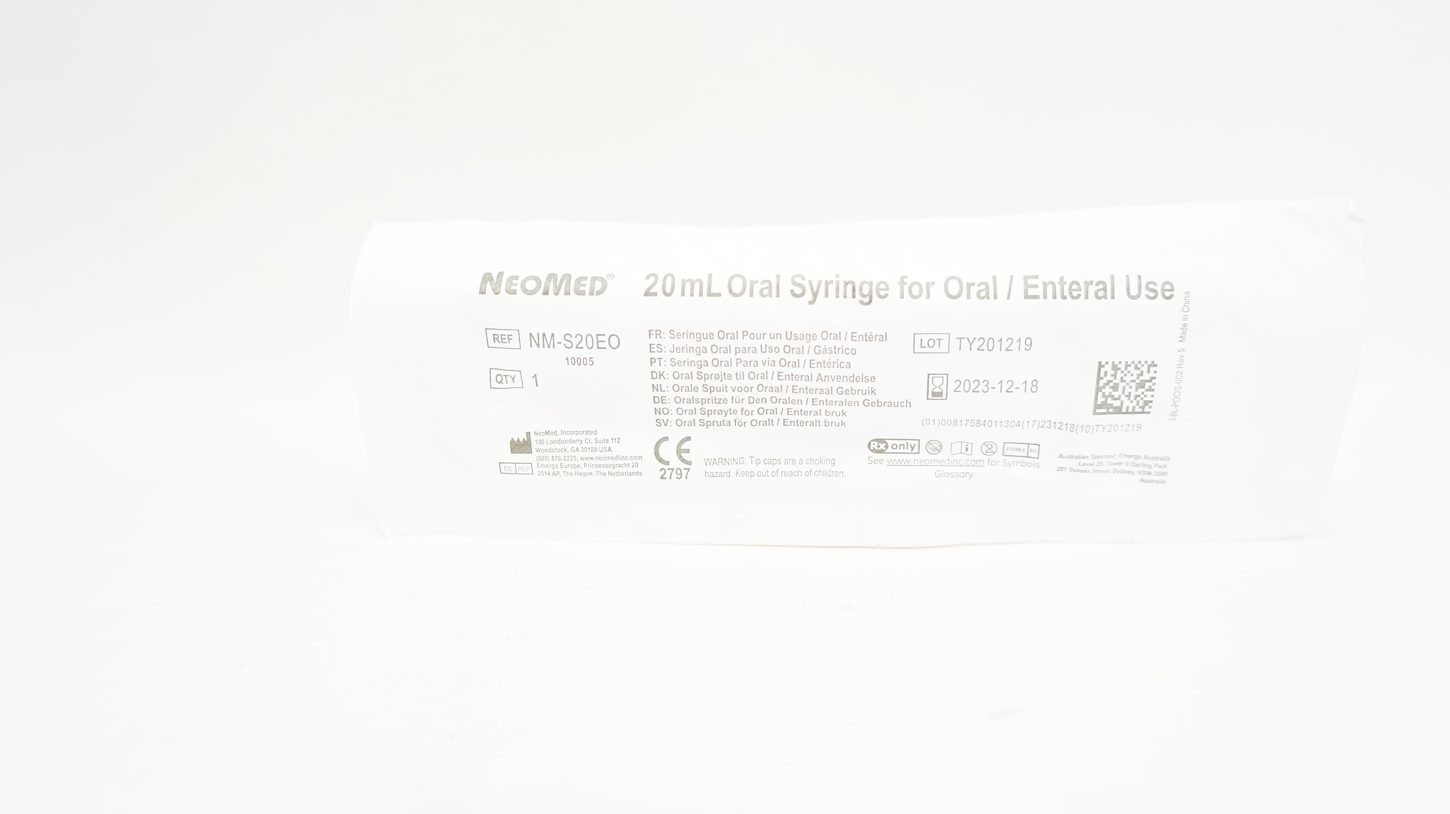 NeoMed NM-S20EO 20mL Oral Syringe for Oral / Enteral Use (x)