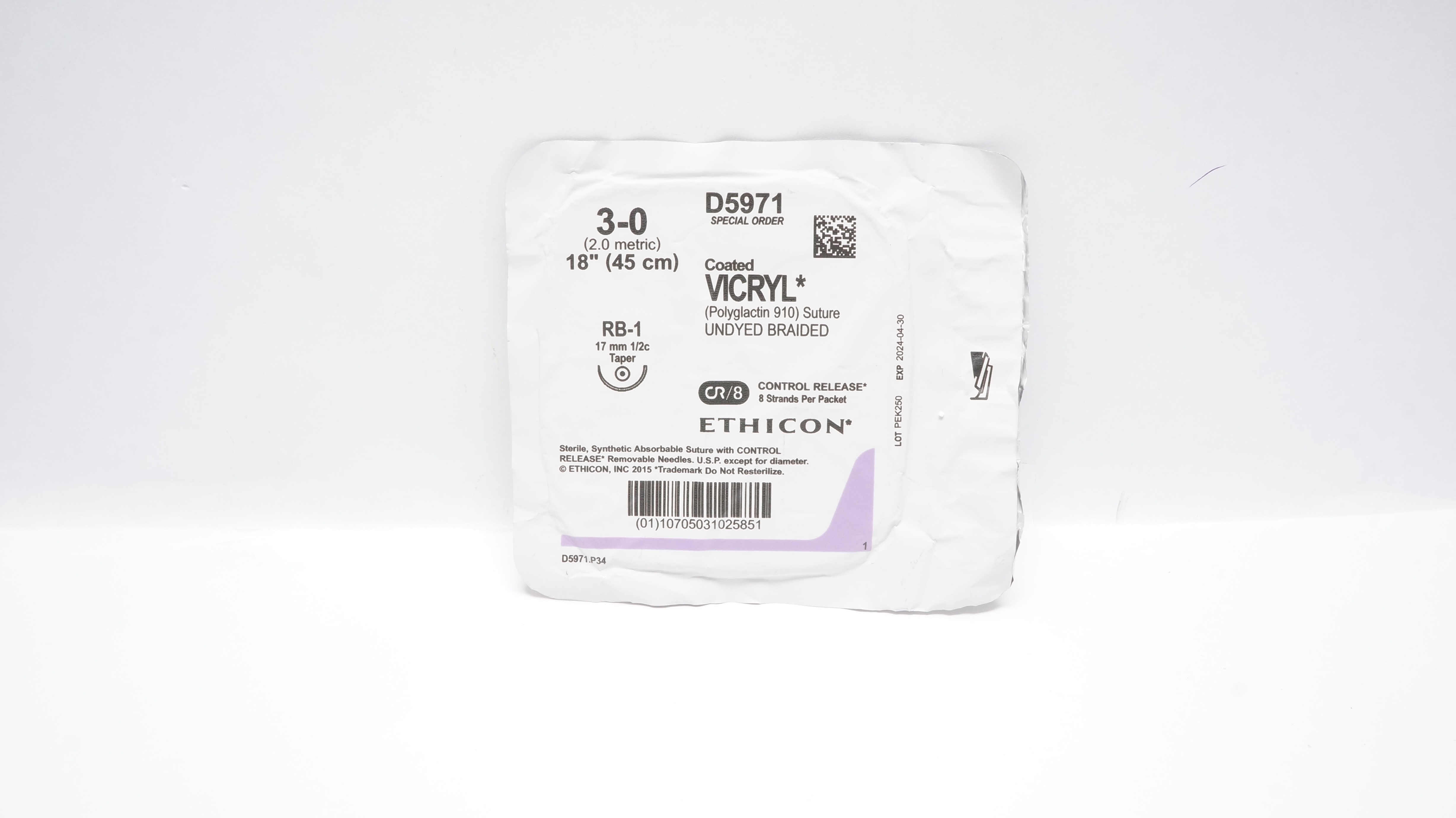 Ethicon D5971 3-0 Coated Vicryl Polyglactin Stre RB-1 17mm 1/2c Taper, 18inch(x)