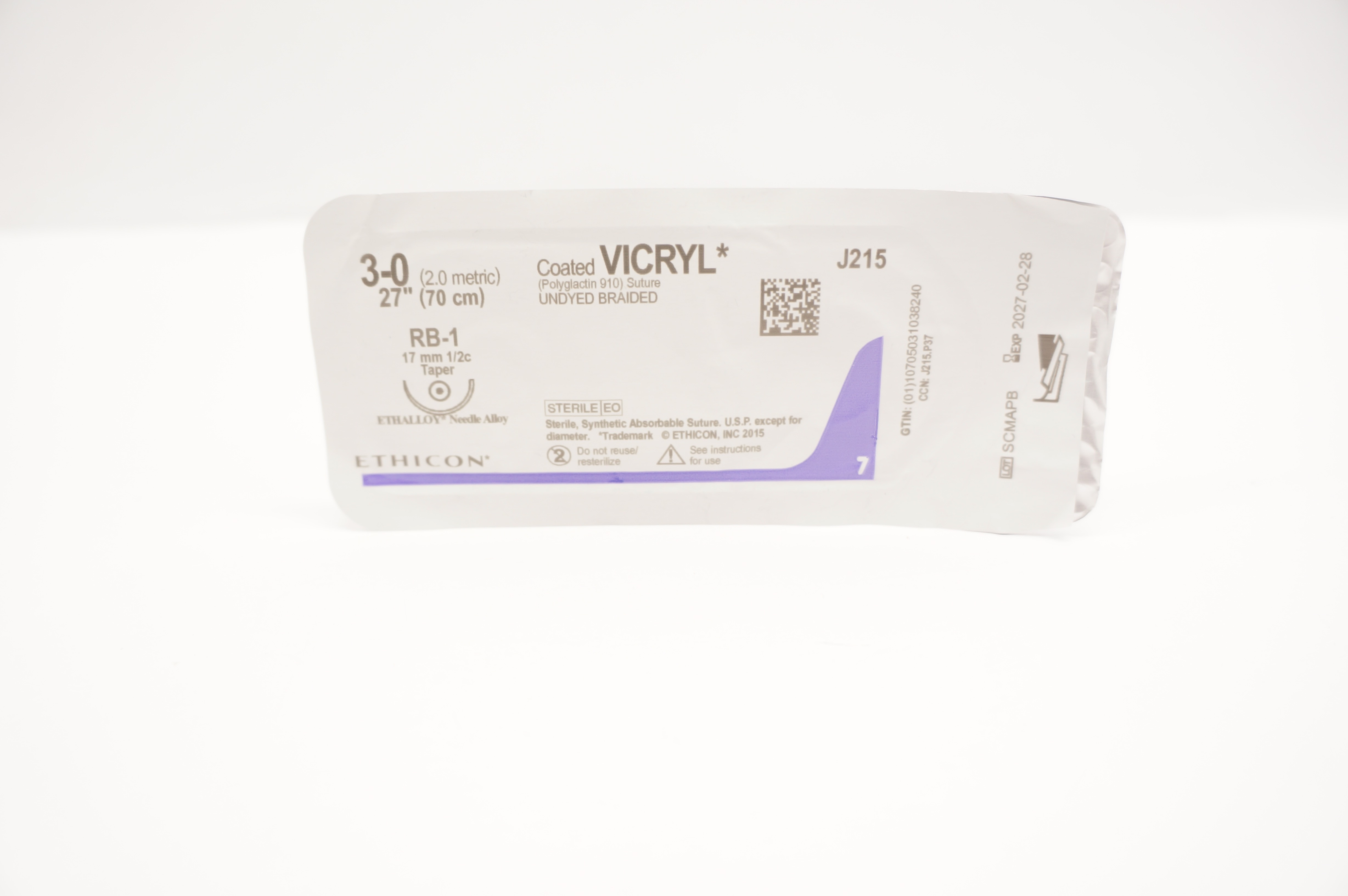 Ethicon J215 3-0 Coated VICRYL Polyglactin 910 Stre RB-1 17mm 1/2c Taper, 27inch