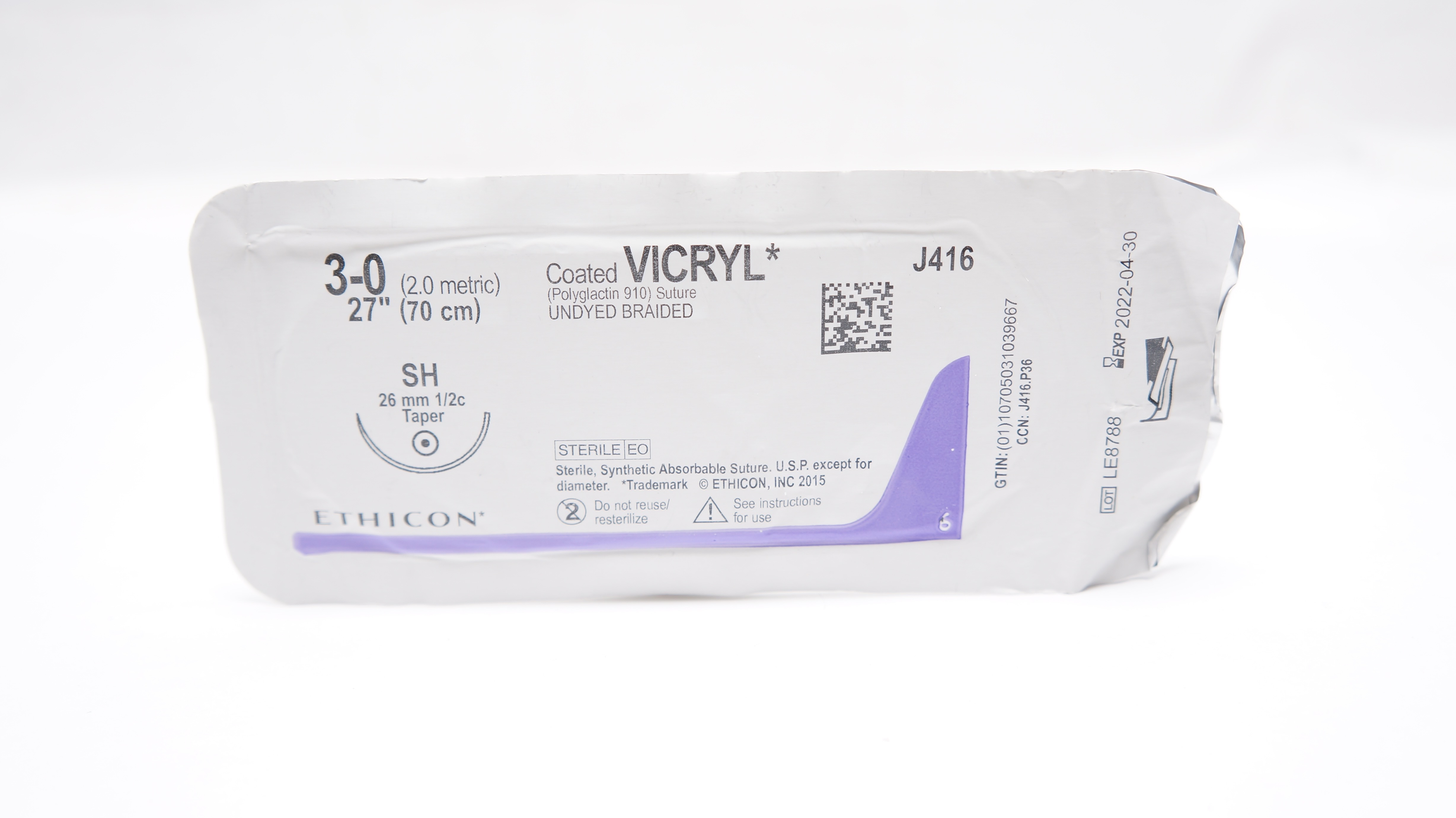 Ethicon J416 3-0 Coated VICRYL Polyglactin Stre SH 26mm 1/2c Taper, 27inch (x)