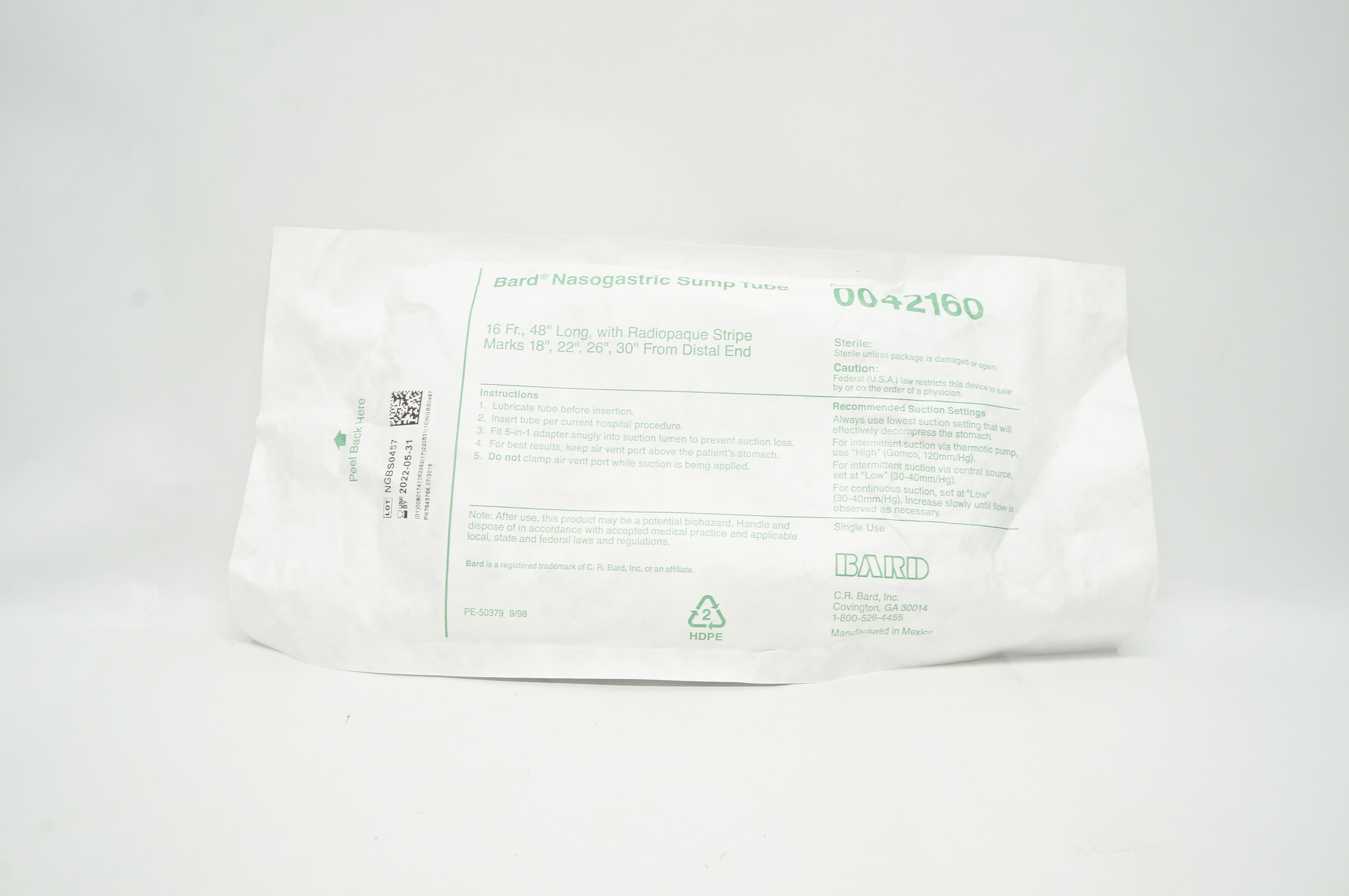 Bard 0042160 Nasogastric Sump Tube 16Fr x 48inch Long, w/Radiopaque Stripe