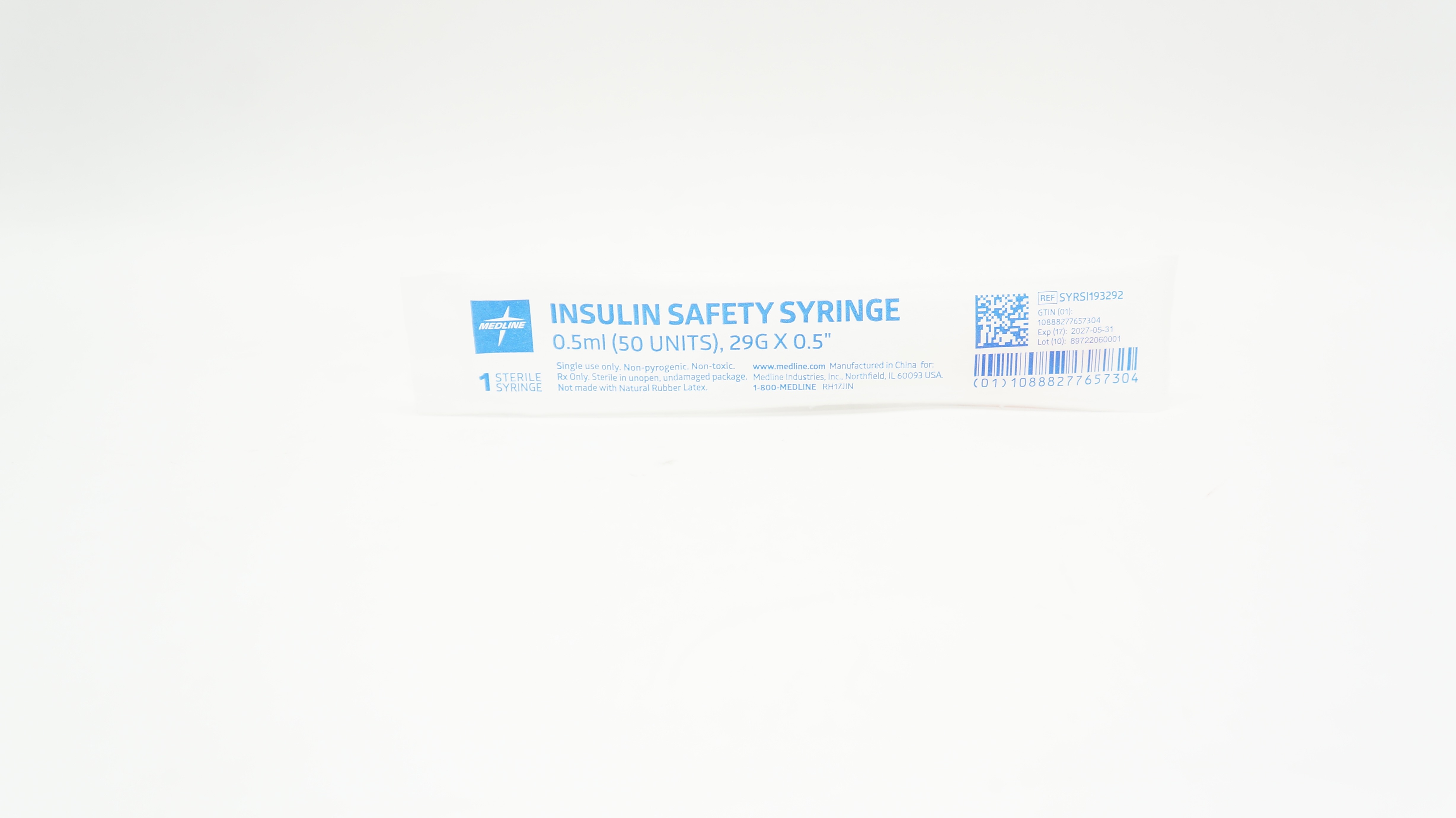 Medline SYRSI193292 Insulin Safety Syringe 0.5ml, 29G x 0.5inch