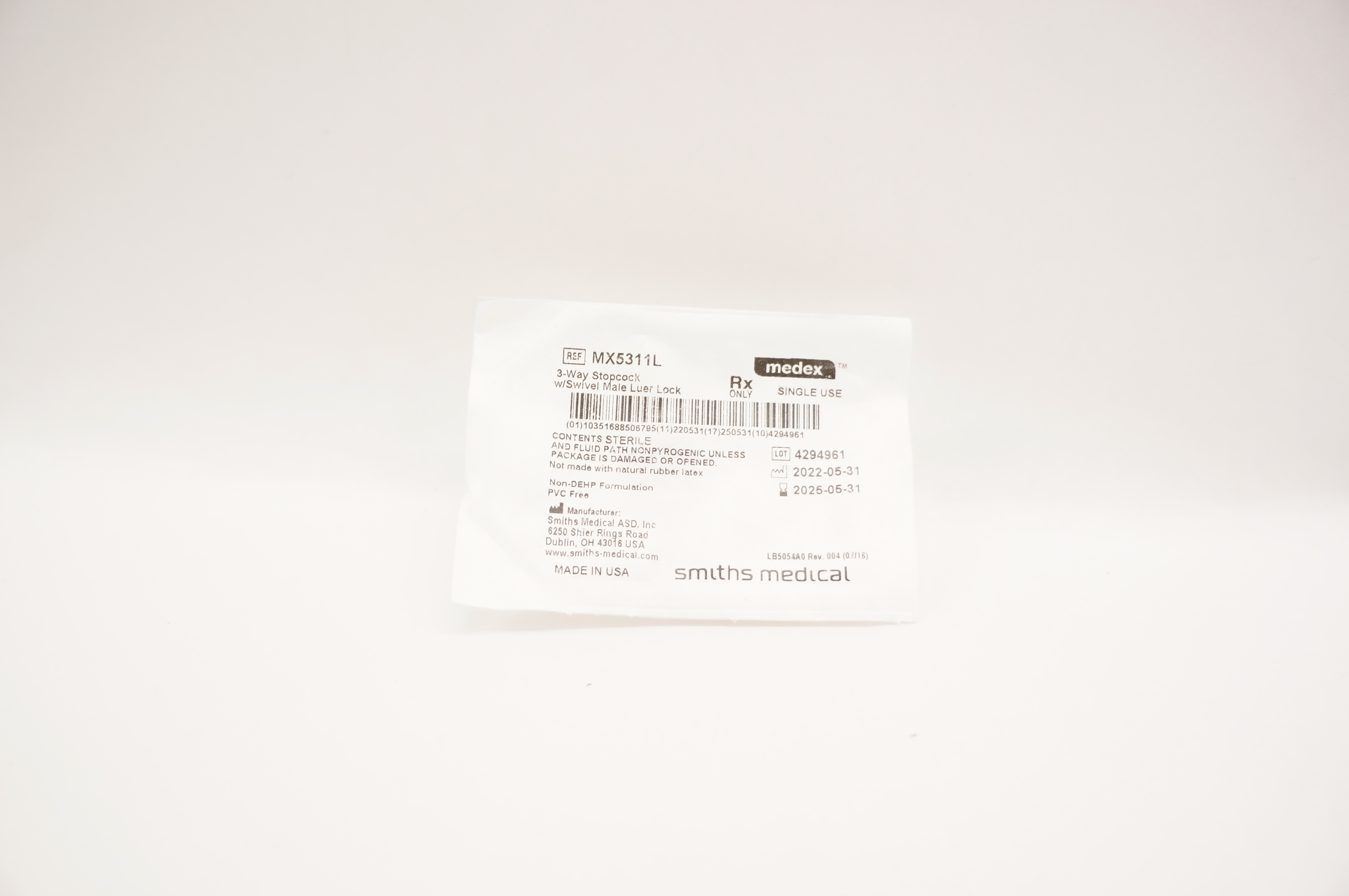 Smiths Medical MX5311L Medex 3-Way Stopcock w/Swivel Male Luer Lock