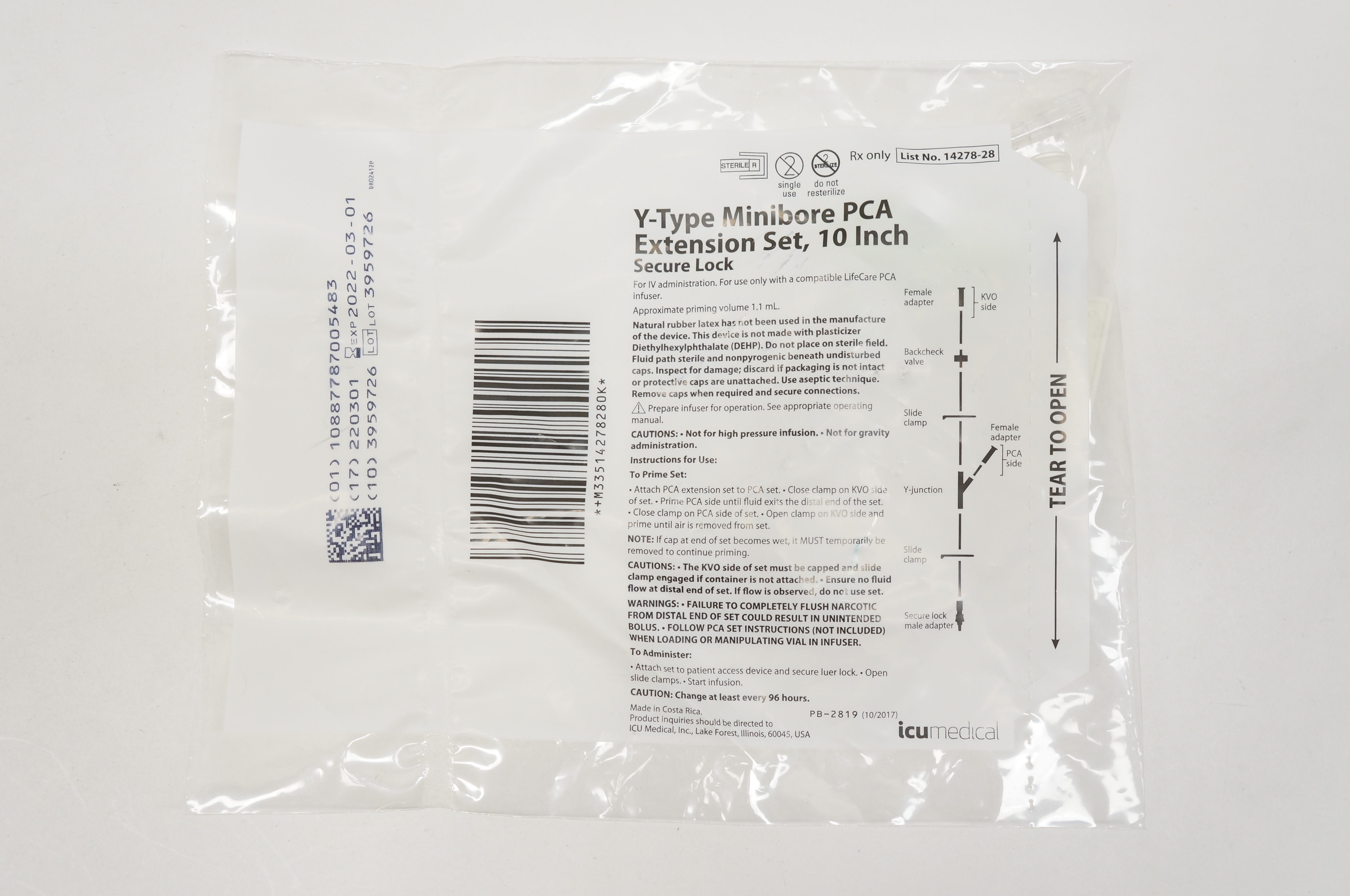 ICU Medical 14278-28 Y-Type Minibore PCA Extension Set, 10inch