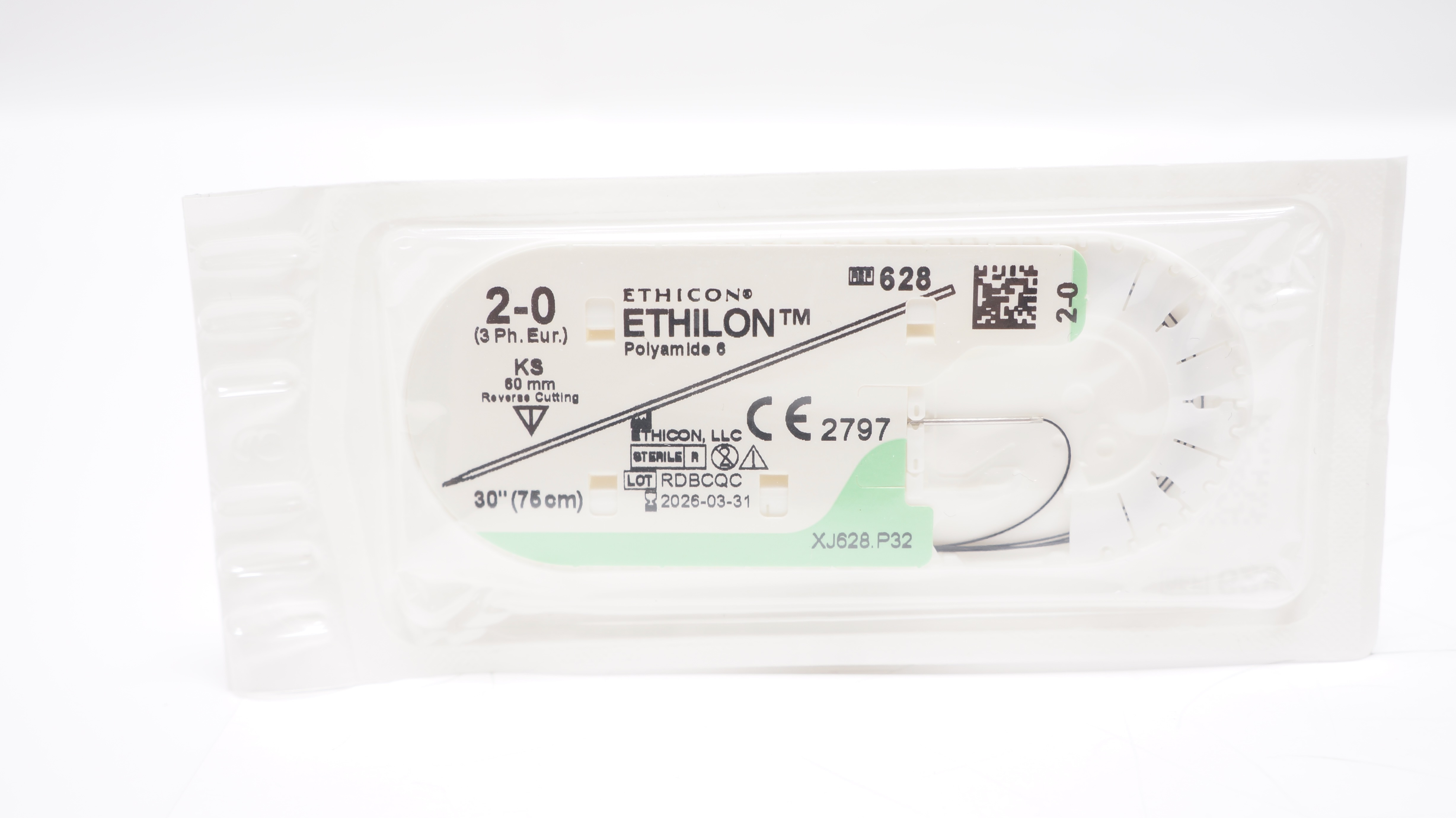 Ethicon 628 2-0 Ethilon Stre KS 60 mm Straight Reverse Cutting, 30 inch