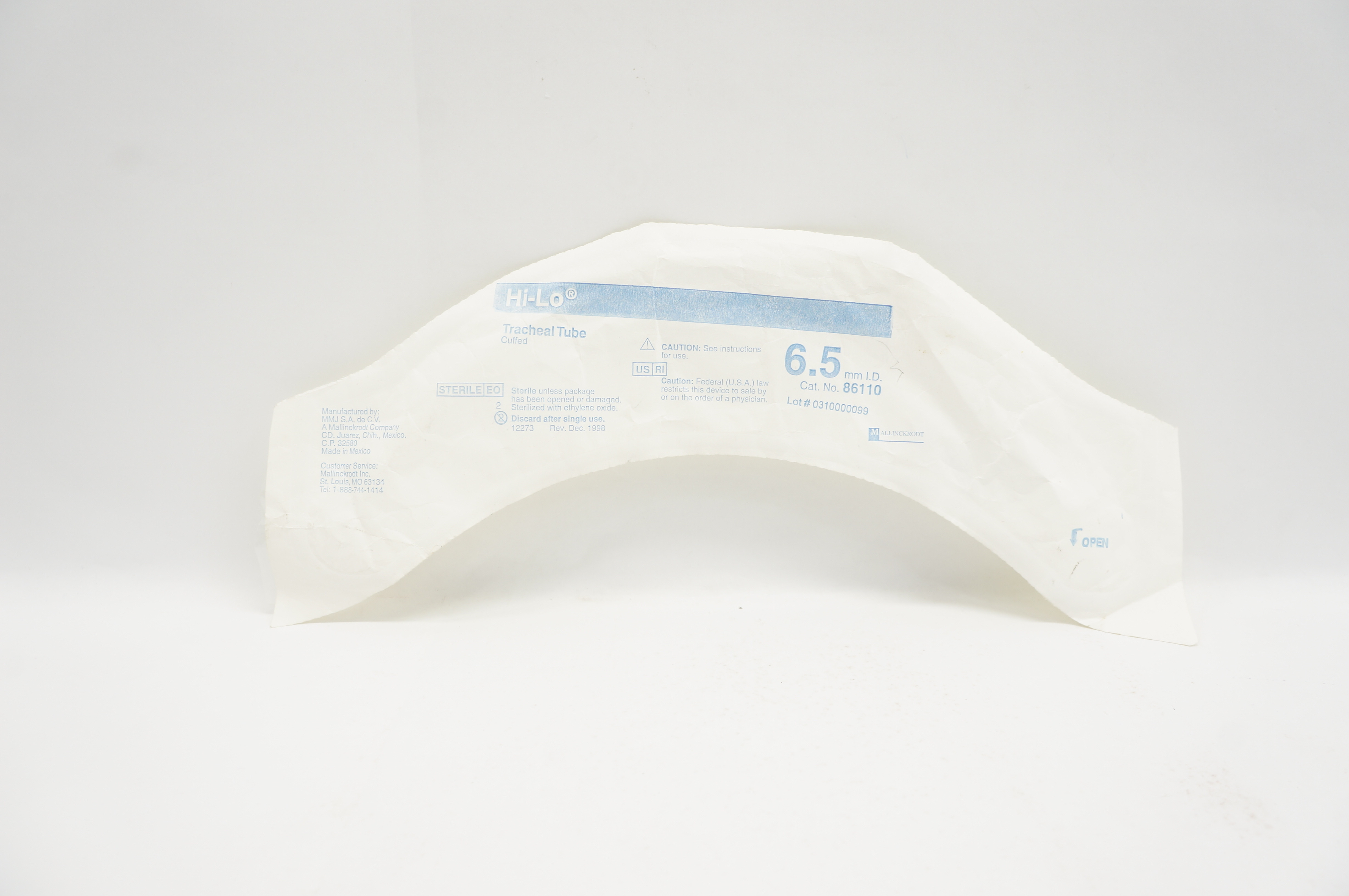 Covidien 86110 Shiley Hi-Lo Oral/Nasal Tracheal Tube Cuffed 6.5mm ID x 8.9mm OD