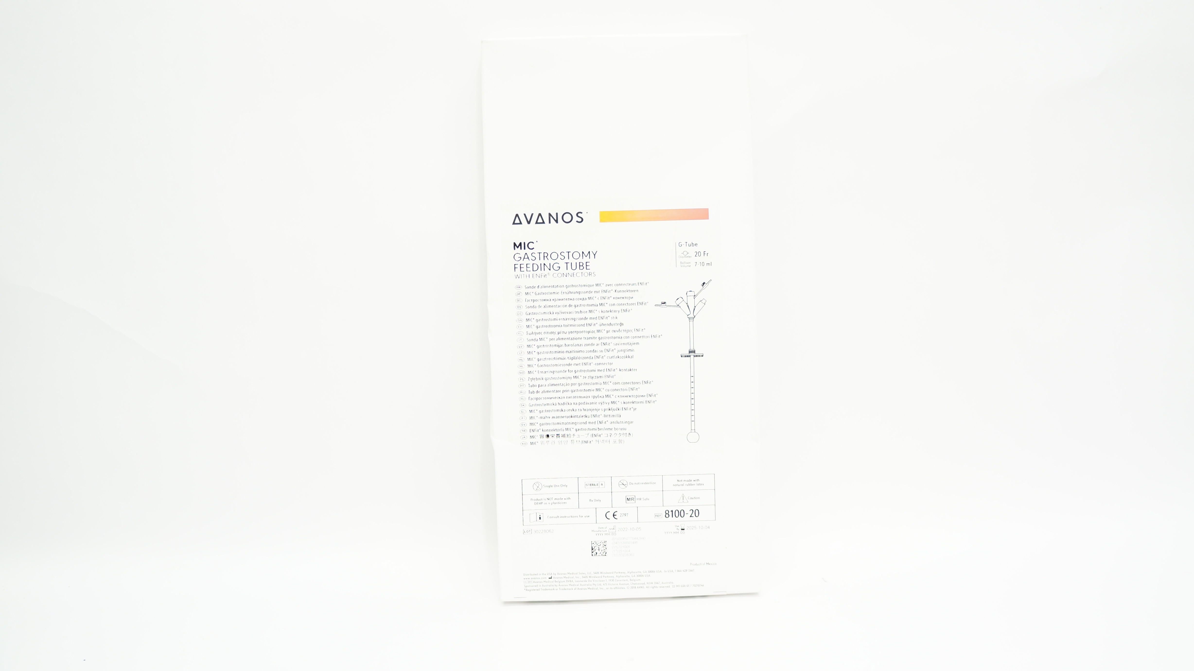 Avanos 8100-20 Mic Gastrostomy Feeding Tube W/ ENFit Connectors 20Fr