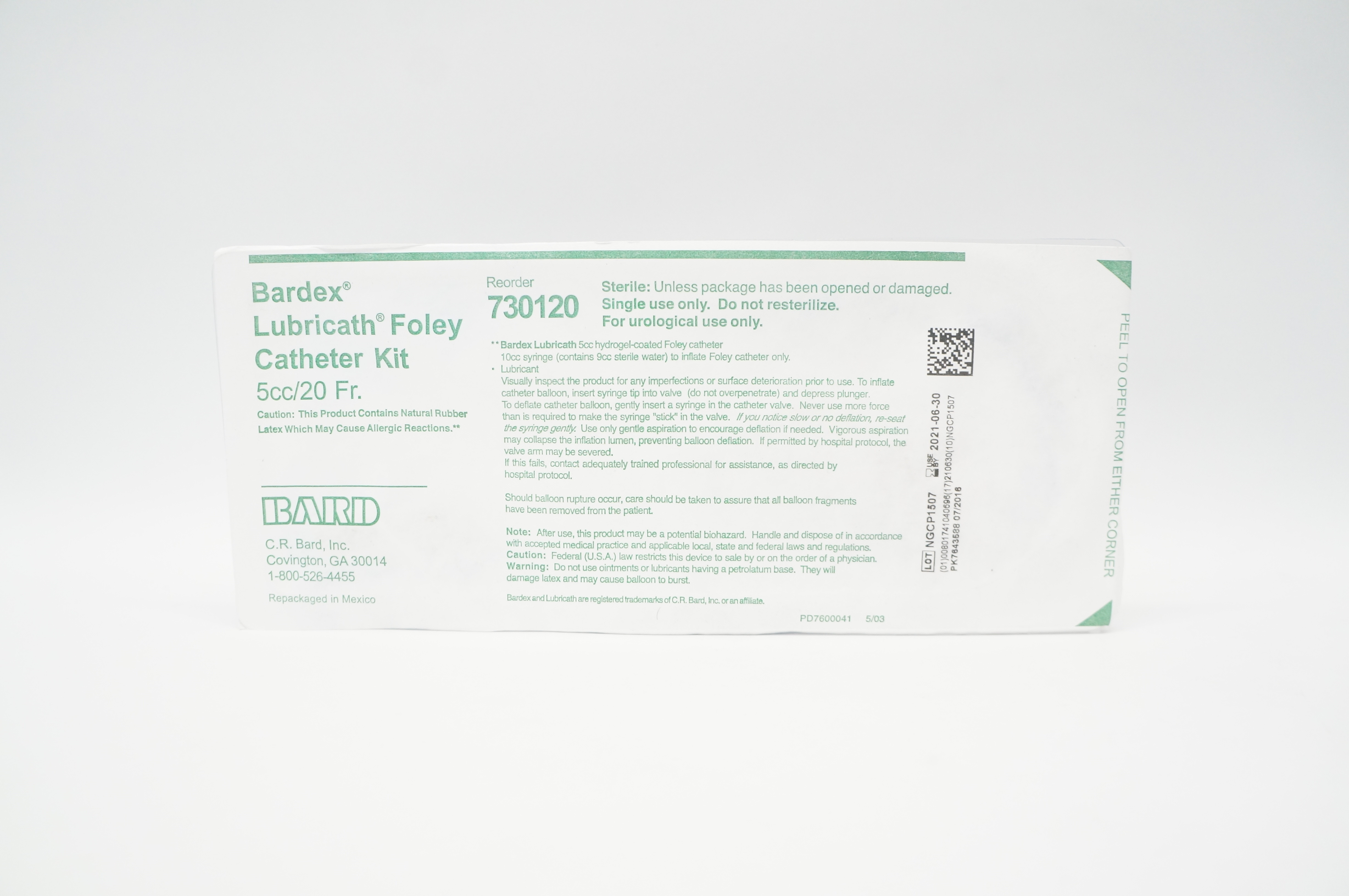 Bard 730120 Bardex Lubricath Foley Cath. Kit 5cc x 20Fr