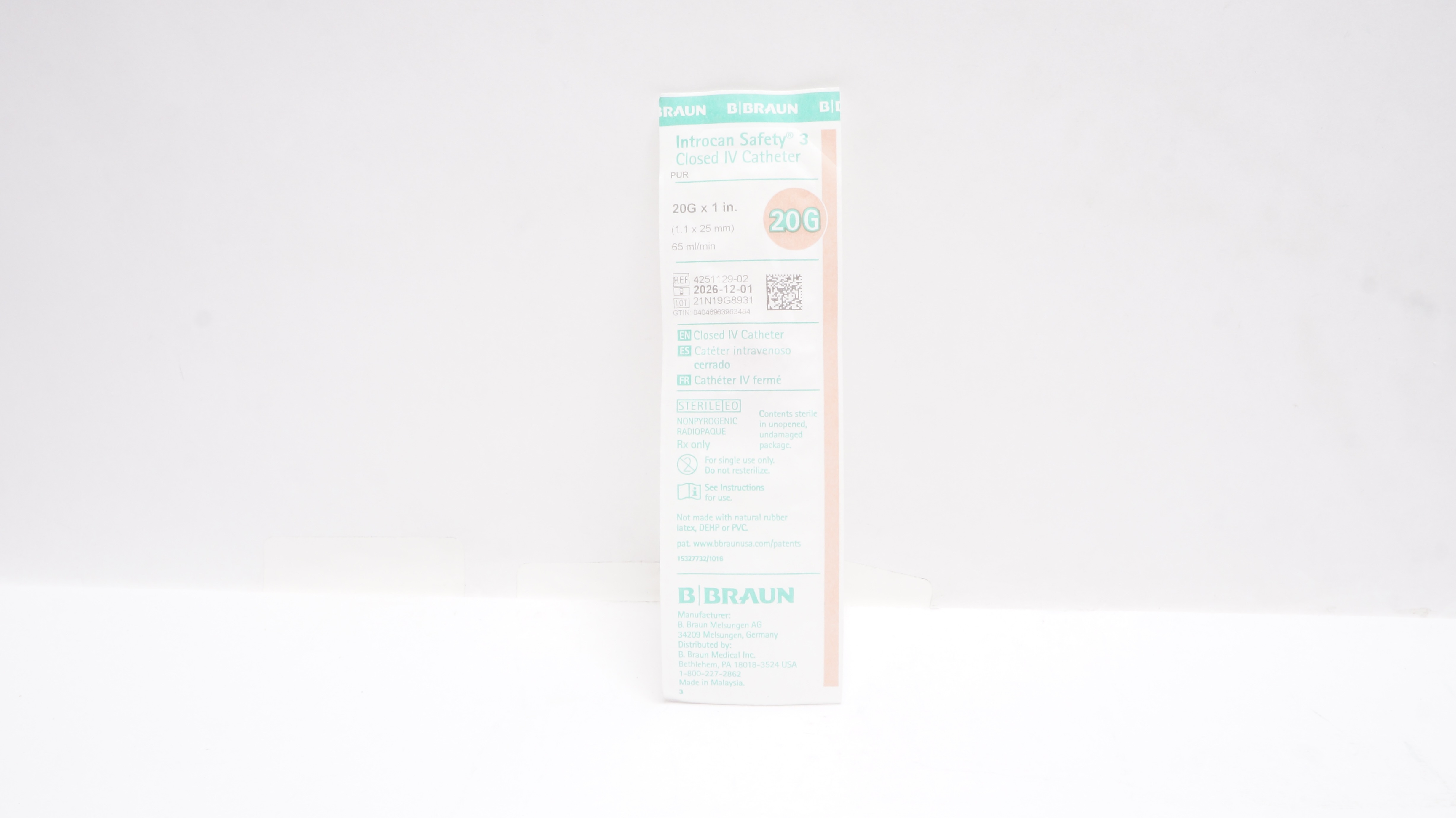 Braun 4251129-02 Closed IV Cath. 20G x 1 inch x 65mL/min