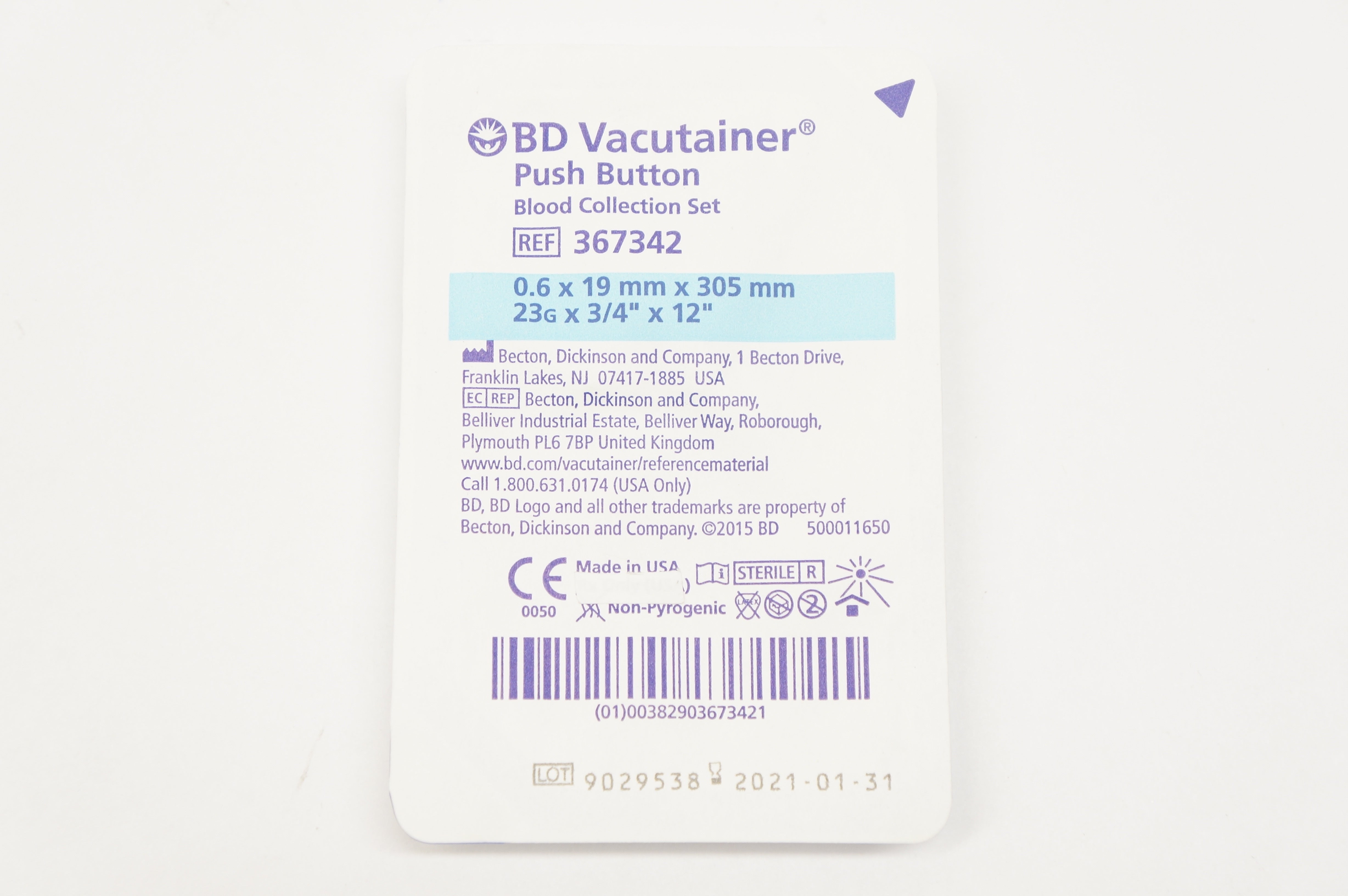 BD 367342 Vacutainer Push Button Blood Collection Set 23G x 3/4 inch x 12inch