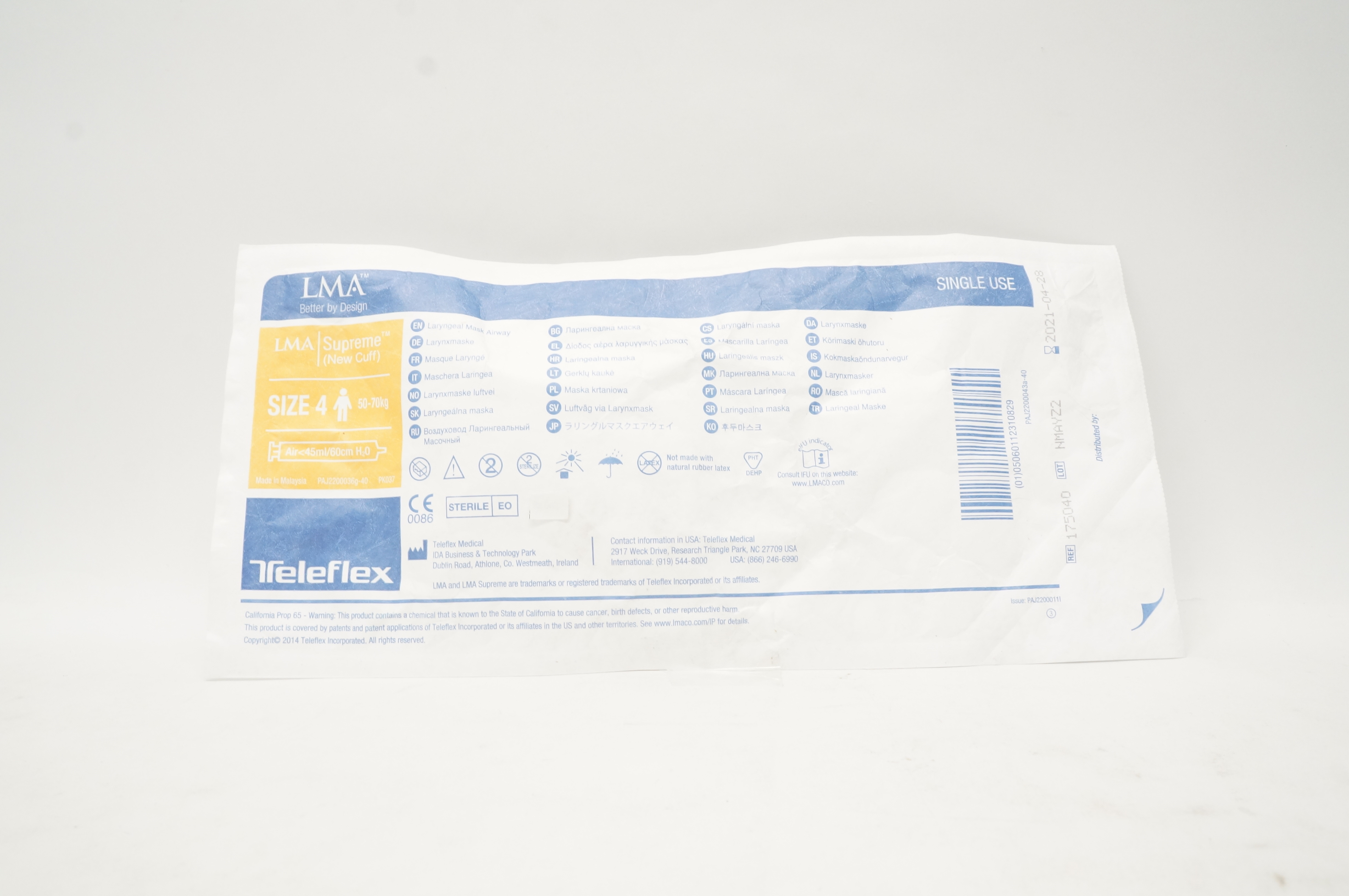 Teleflex 175040 LMA Supreme Laryngeal Mask Airway Size 4 50-70kg <45ml/60cm (x)