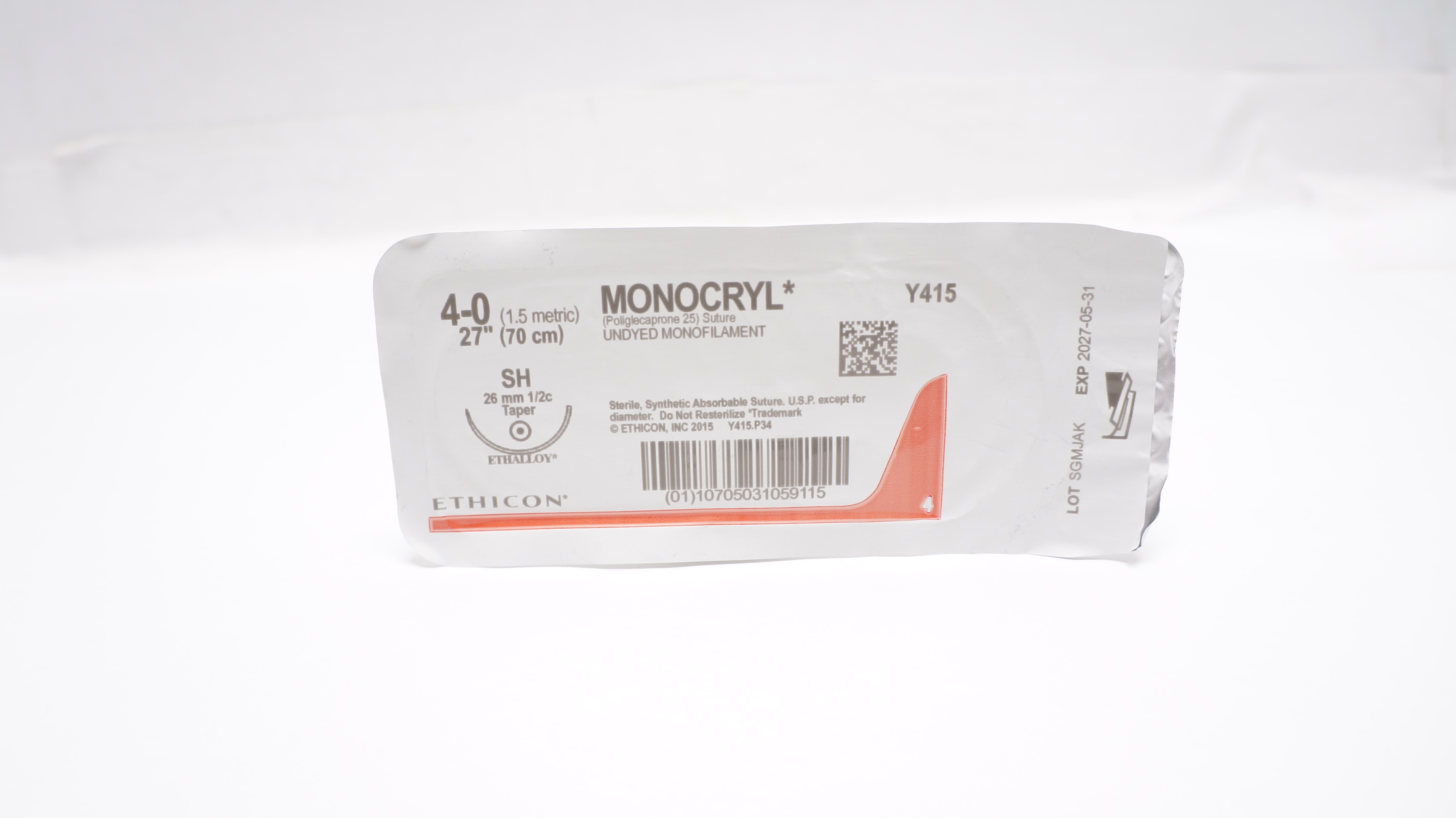 Ethicon Y415 4-0 MONOCRYL Undyed Monofilament Stre SH 26mm 1/2c Taper, 27inch