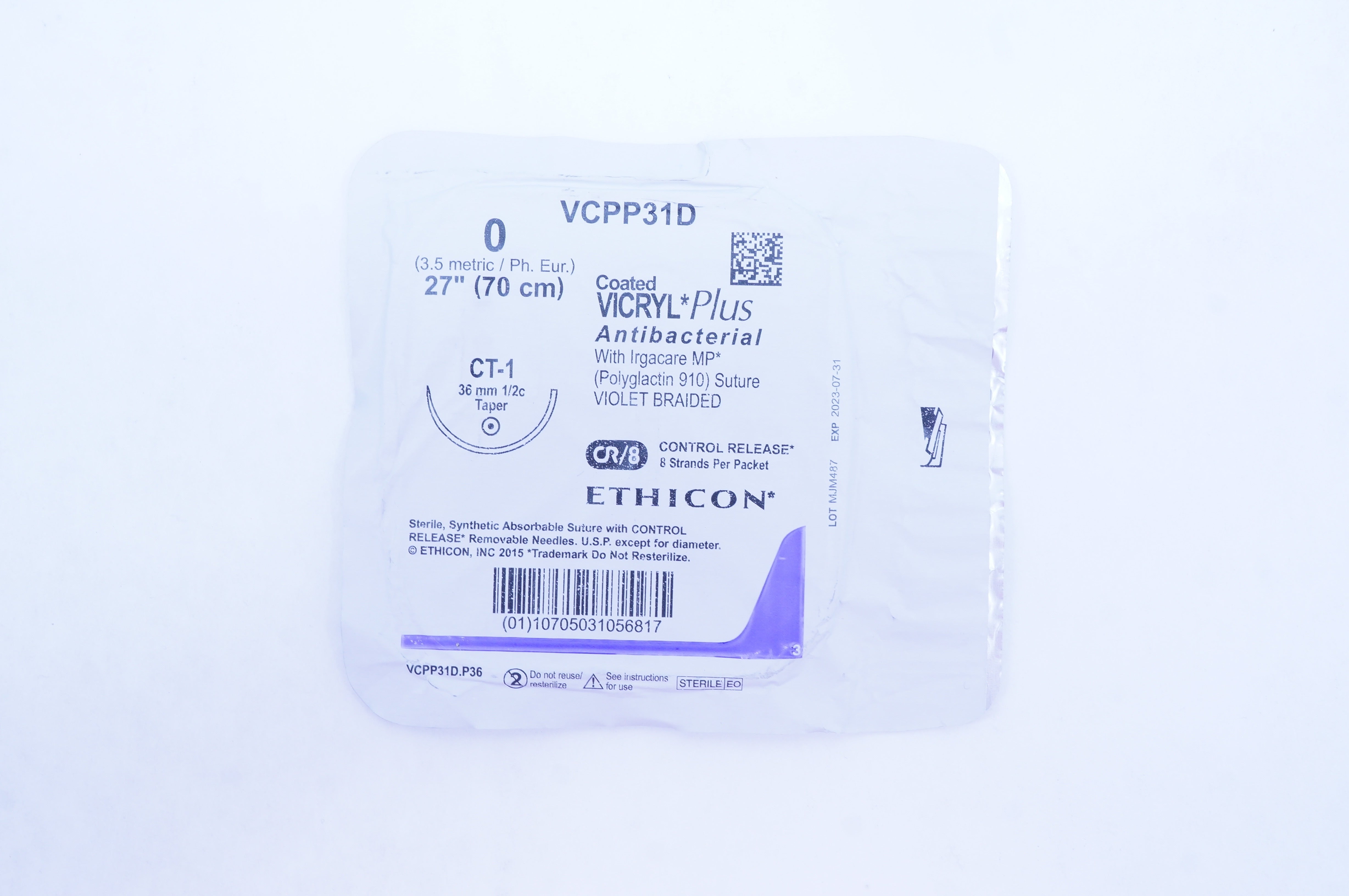 Ethicon VCPP31D 0 Coated VICRYL PLUS CT-1 36mm 1/2c Taper, 27inch
