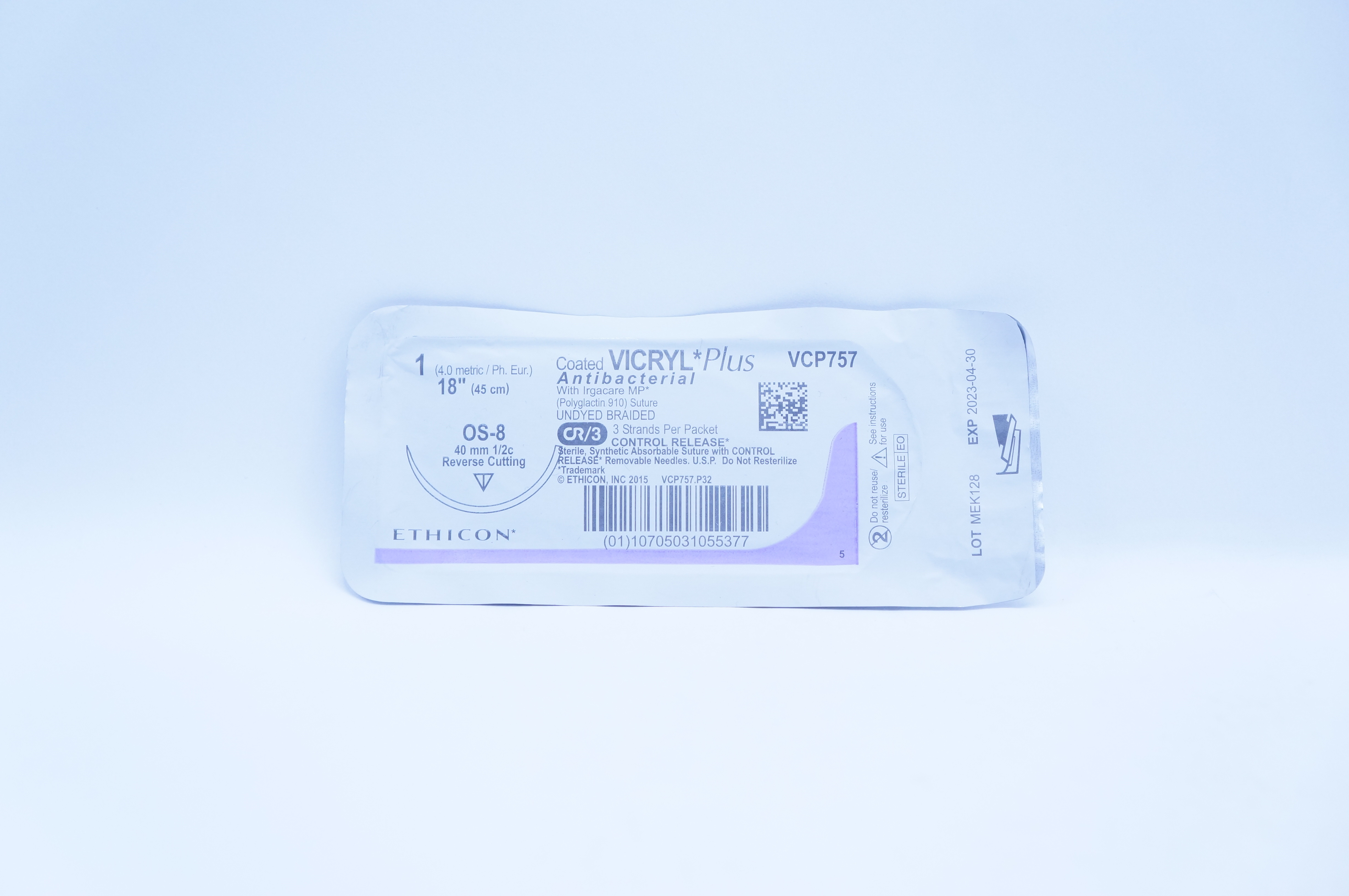 Ethicon VCP757 1 VICRYL Plus, OS-8, 40mm 1/2c Reverse Cutting, 18inch