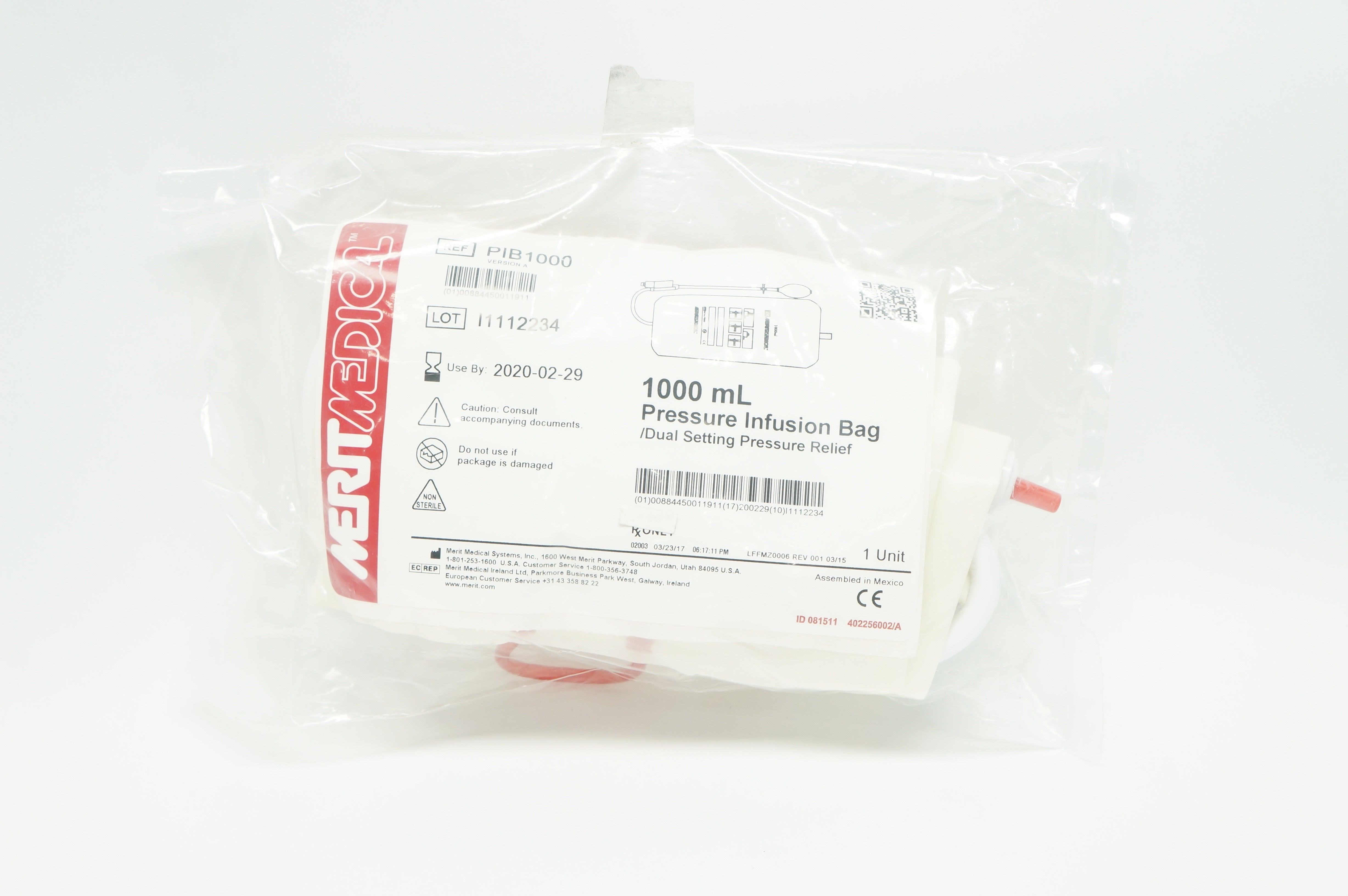 Merit Medical PIB1000 1000mL Pressure Infusion Bag DualSetting PressureRelief(x)