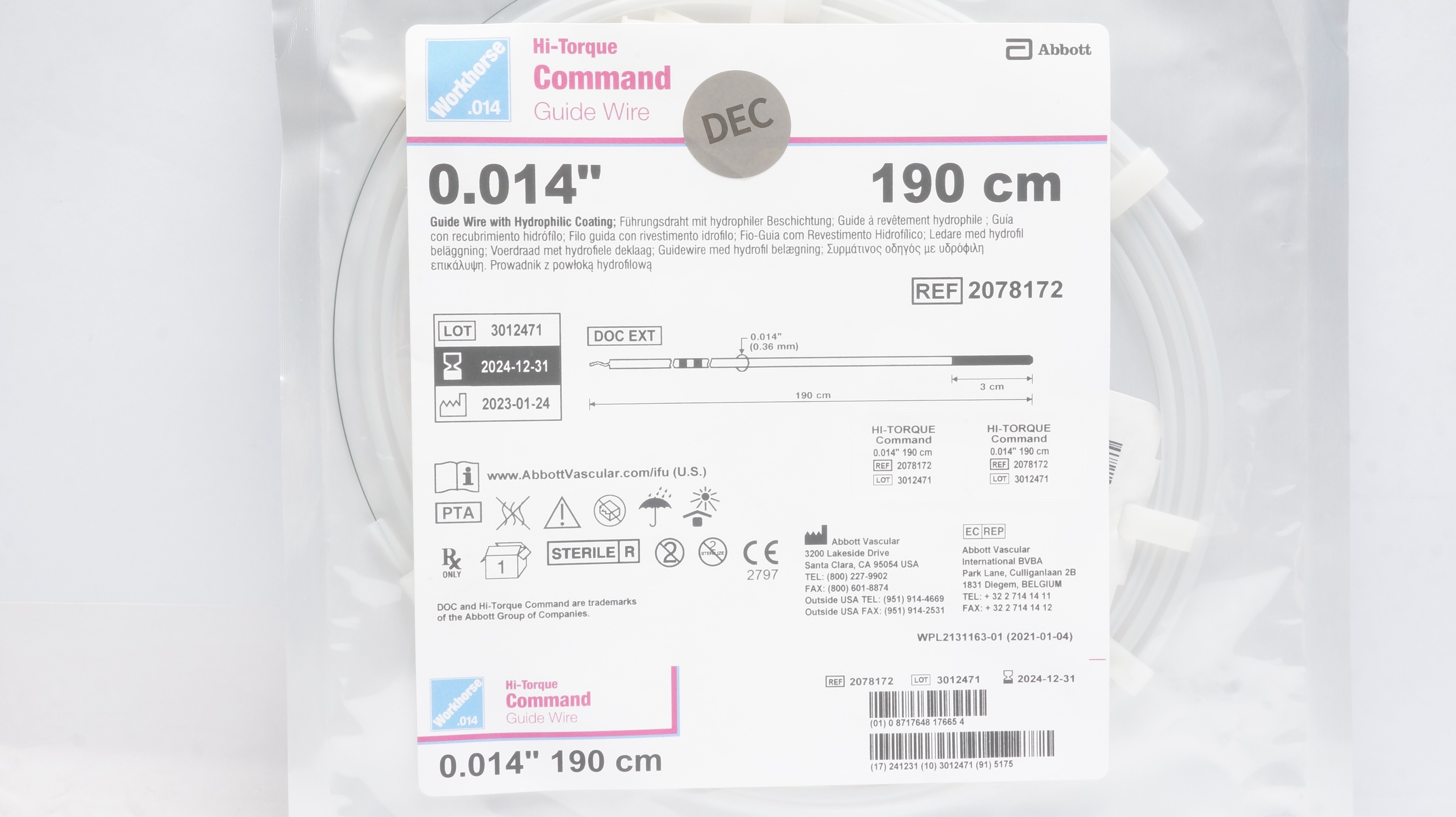 Abbott 2078172 Hi-Torque Command Guide Wire 0.014inch x 190cm x 3cm (x)