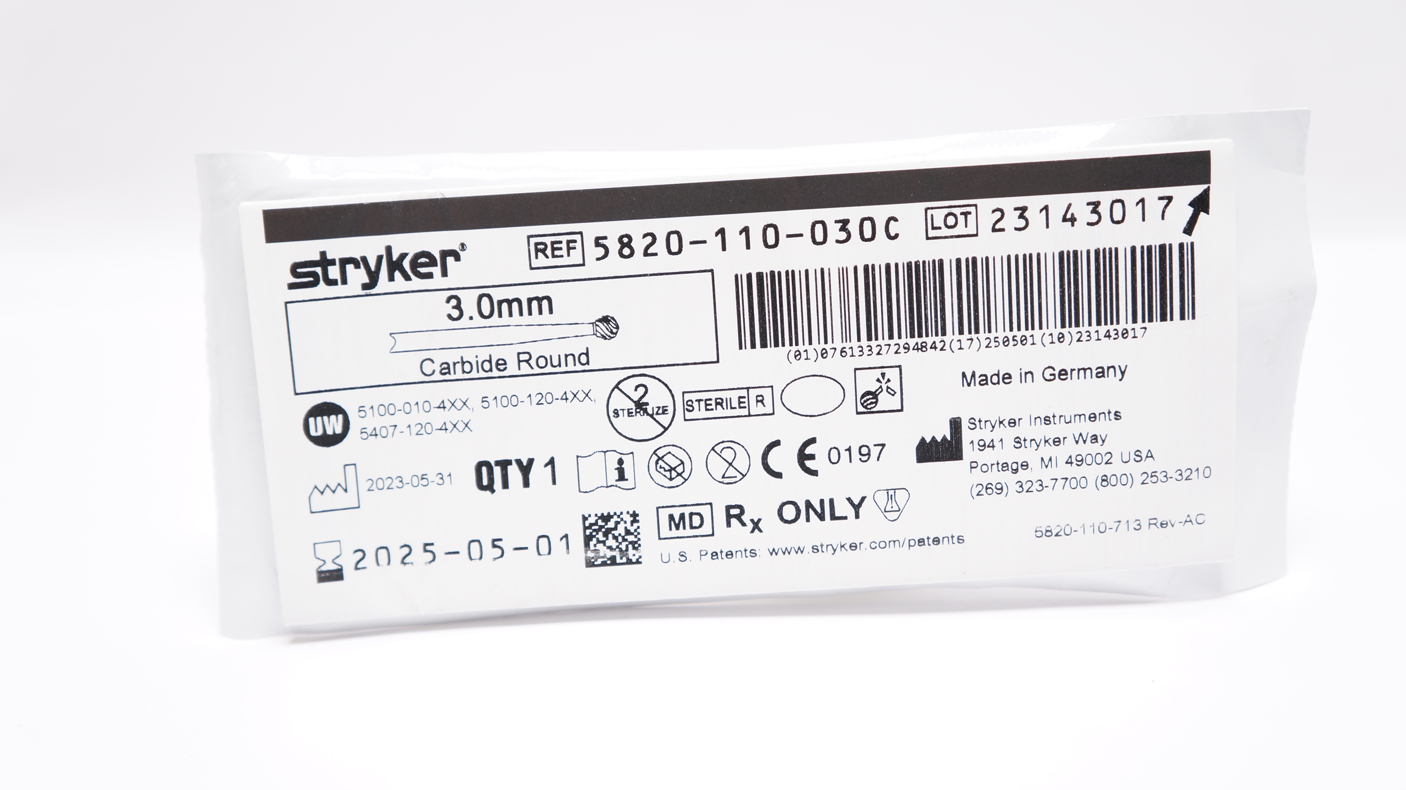 Stryker 5820-110-030C Carbide Round 3.0mm