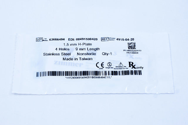 Zimmer 4915-04-20 1.5mm H-Plate, 4 Holes, 9mm Length