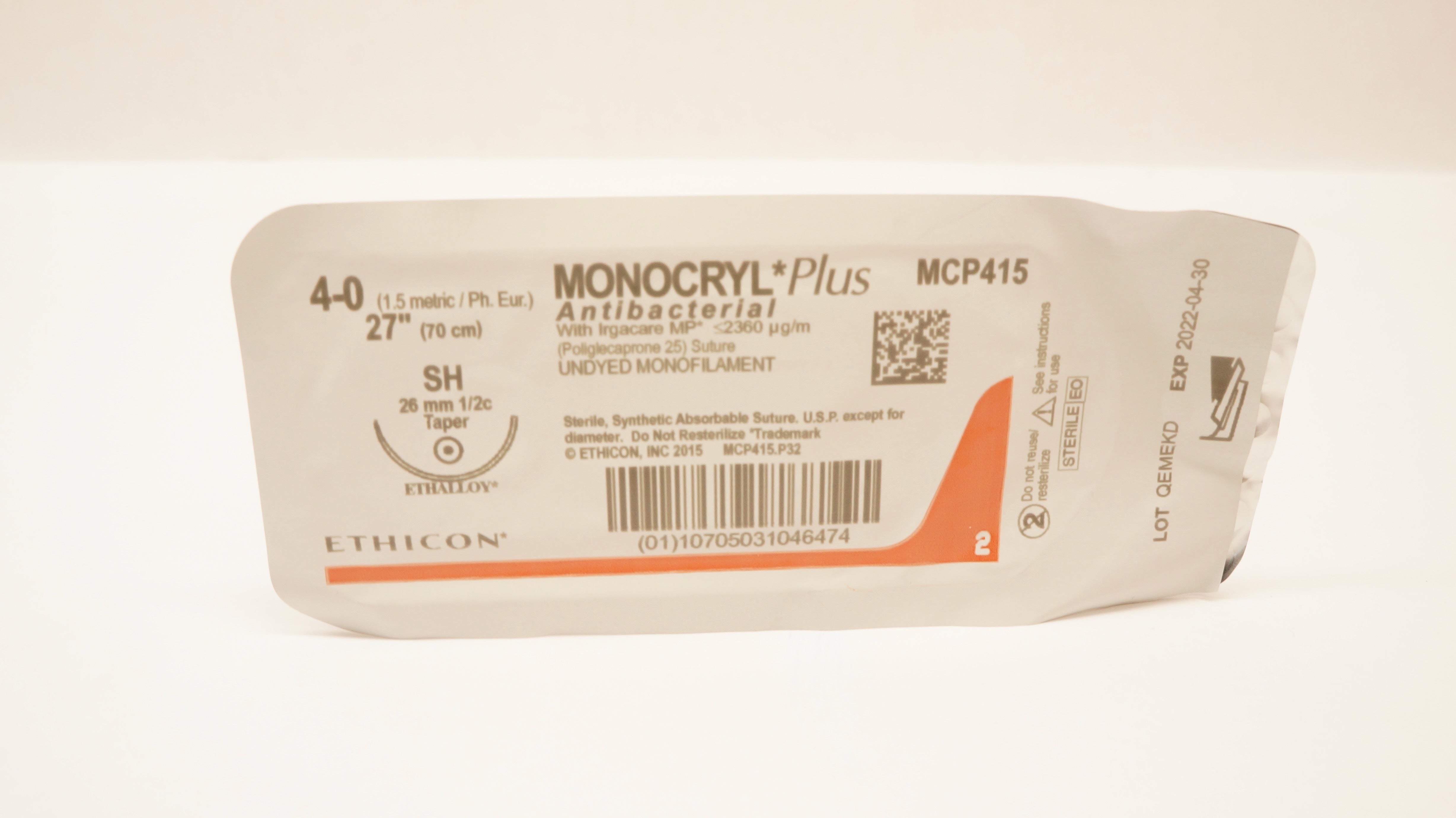 Ethicon MCP415 4-0 MONOCRYL Plus, SH, 26mm 1/2c Taper, 27inch (x)