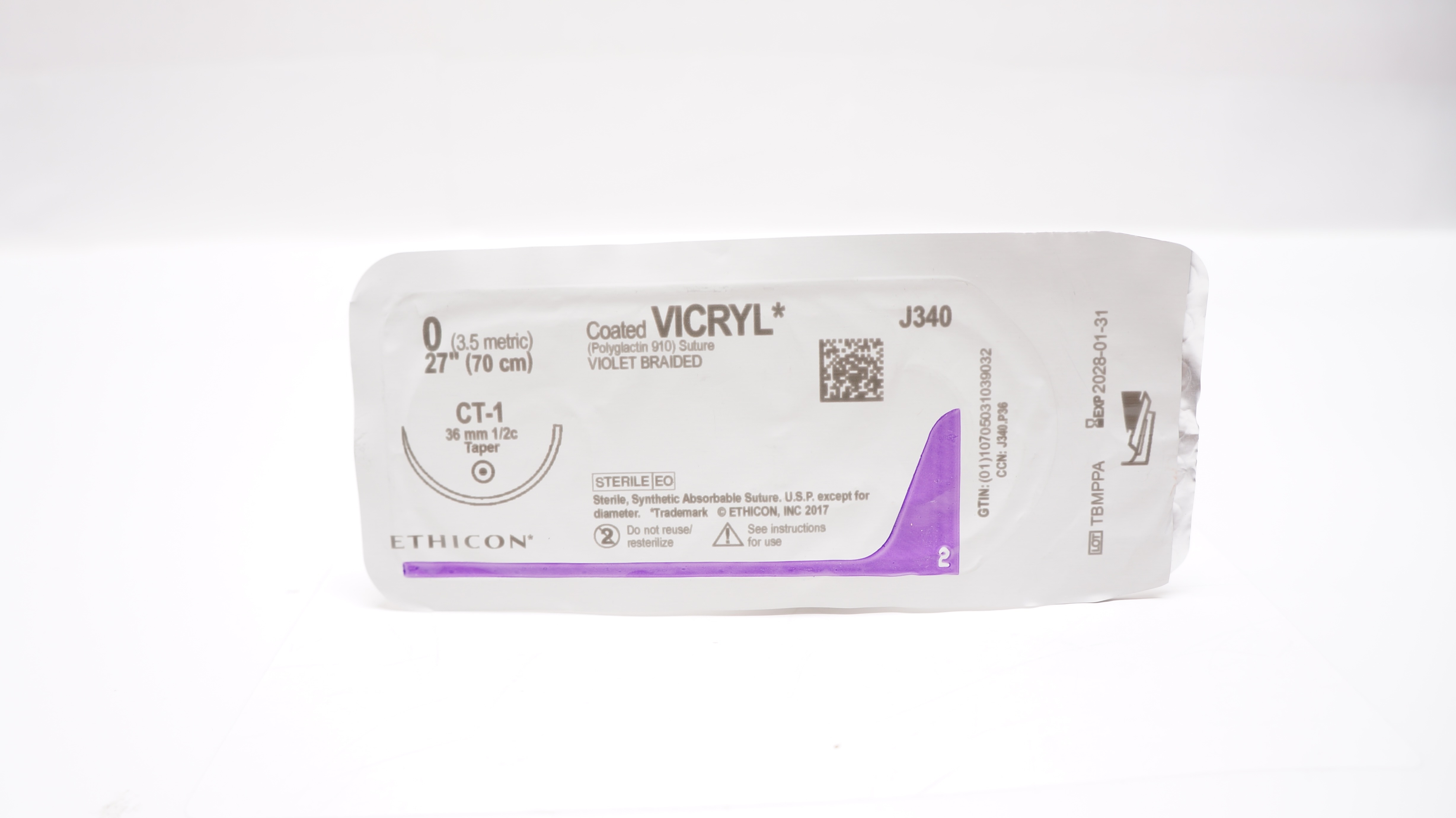Ethicon J340 0 Coated VICRYL, CT-1, 36mm 1/2c Taper, 27inch