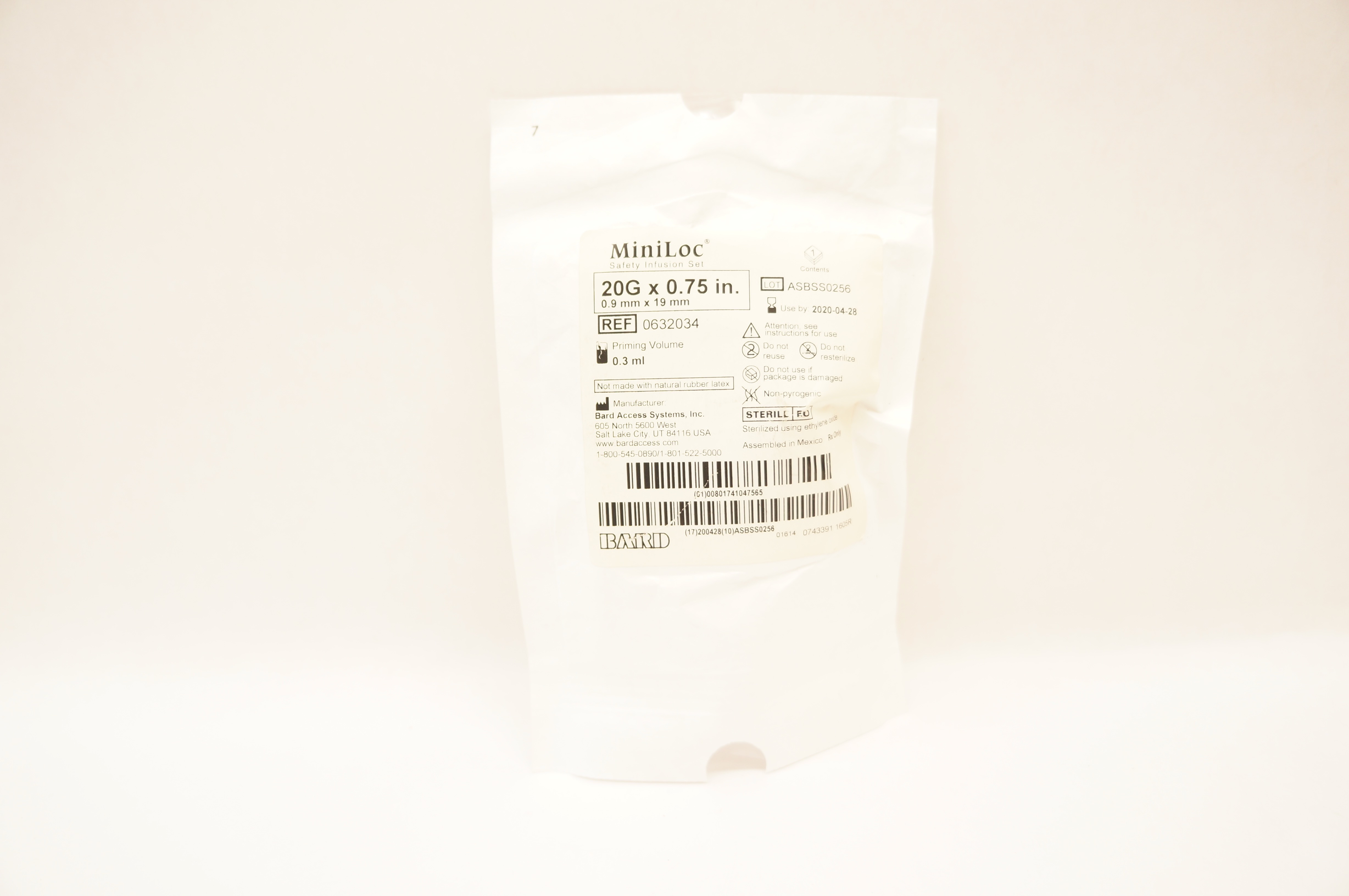 Bard 0632034 MiniLoc Safety Infusion Set 20G x 0.75 inch, Priming Vol. 0.3ml (x)