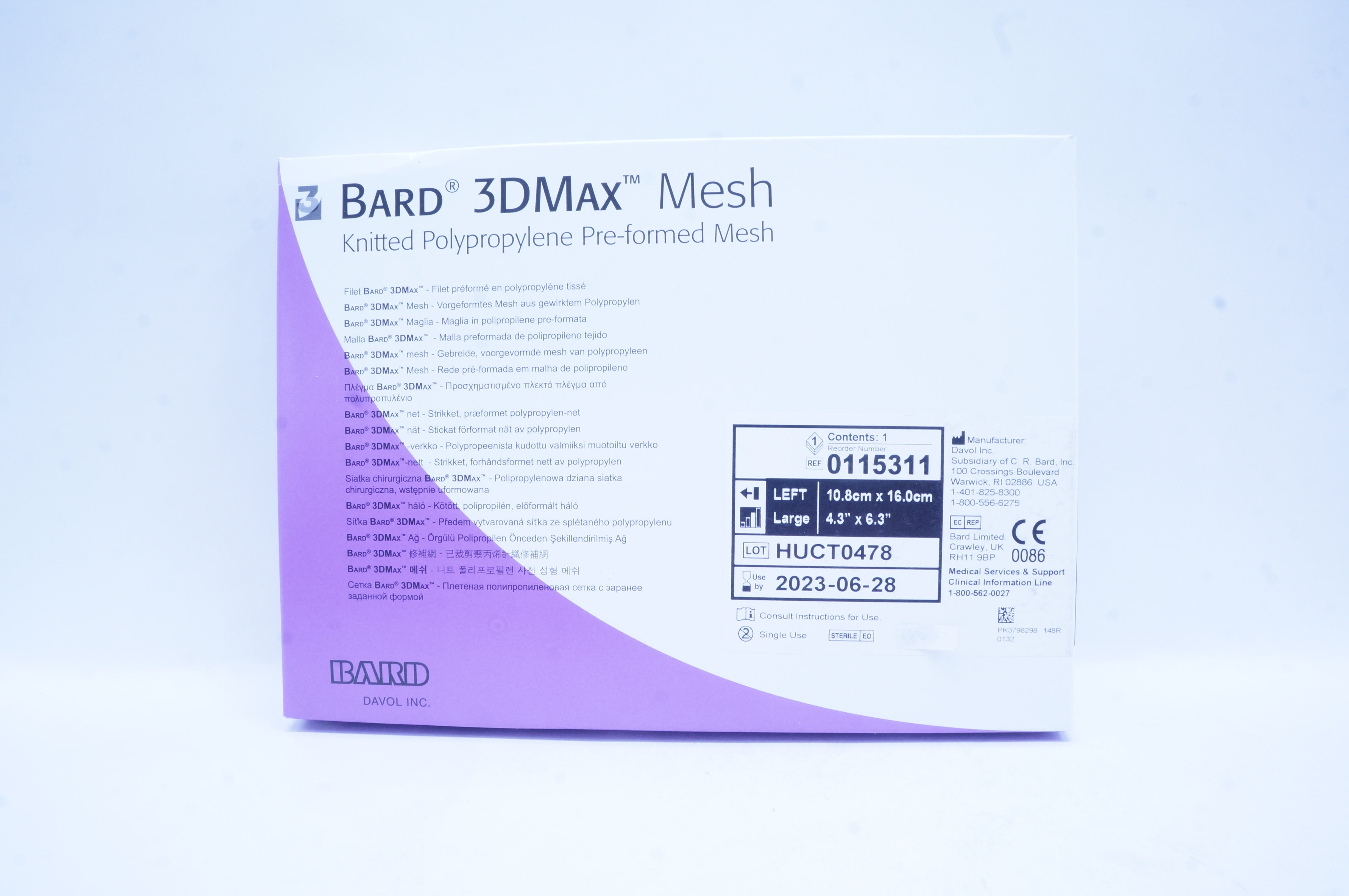 Bard 0115311 3DMax Mesh Pre-formed Knitted Polypropylene,Left, L 4.3 x 6.3inch