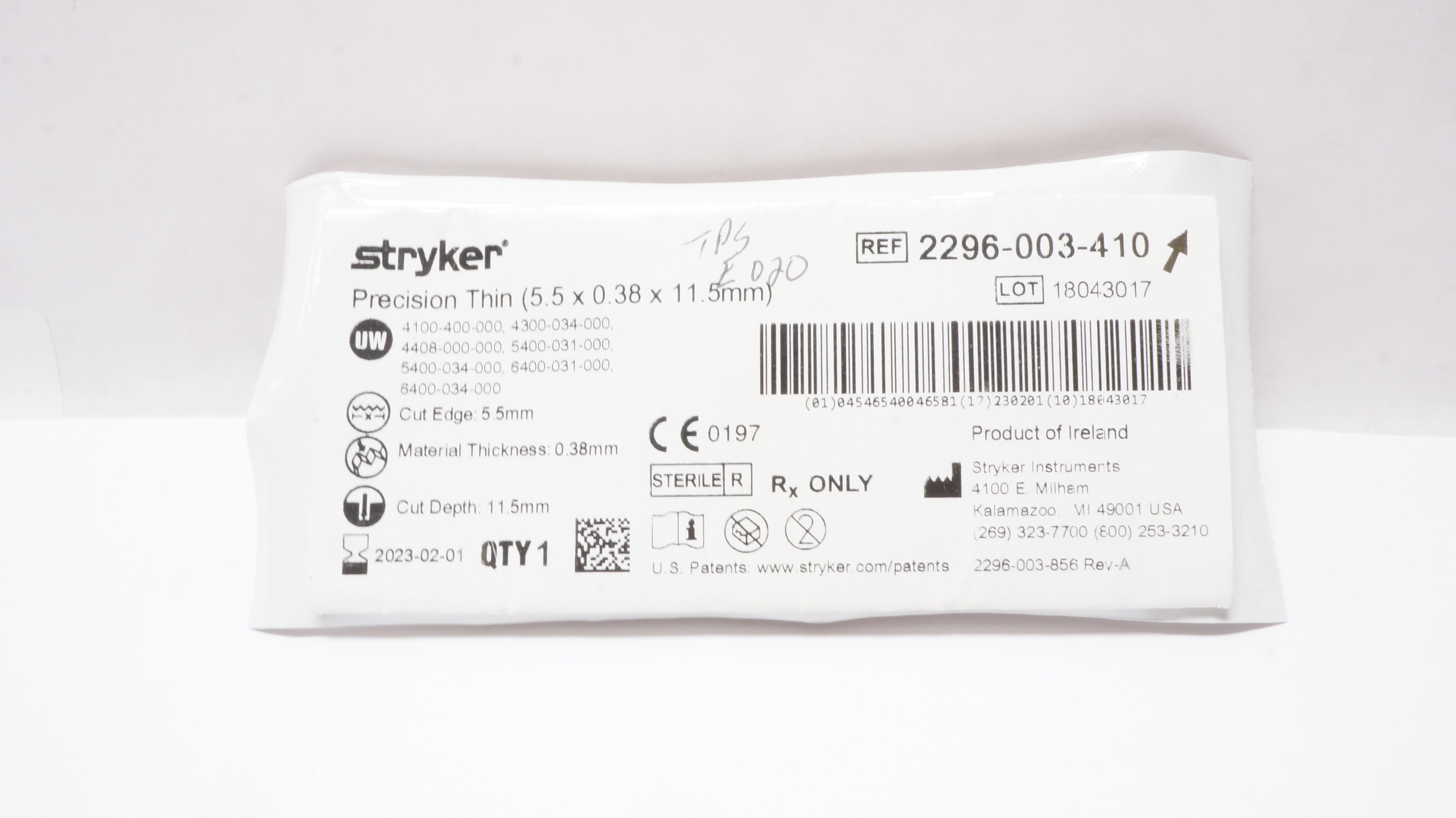 Stryker 2296-003-410 Precision Thin Blade, Short Narrow 5.5 x 0.38 x 11.5mm (x)