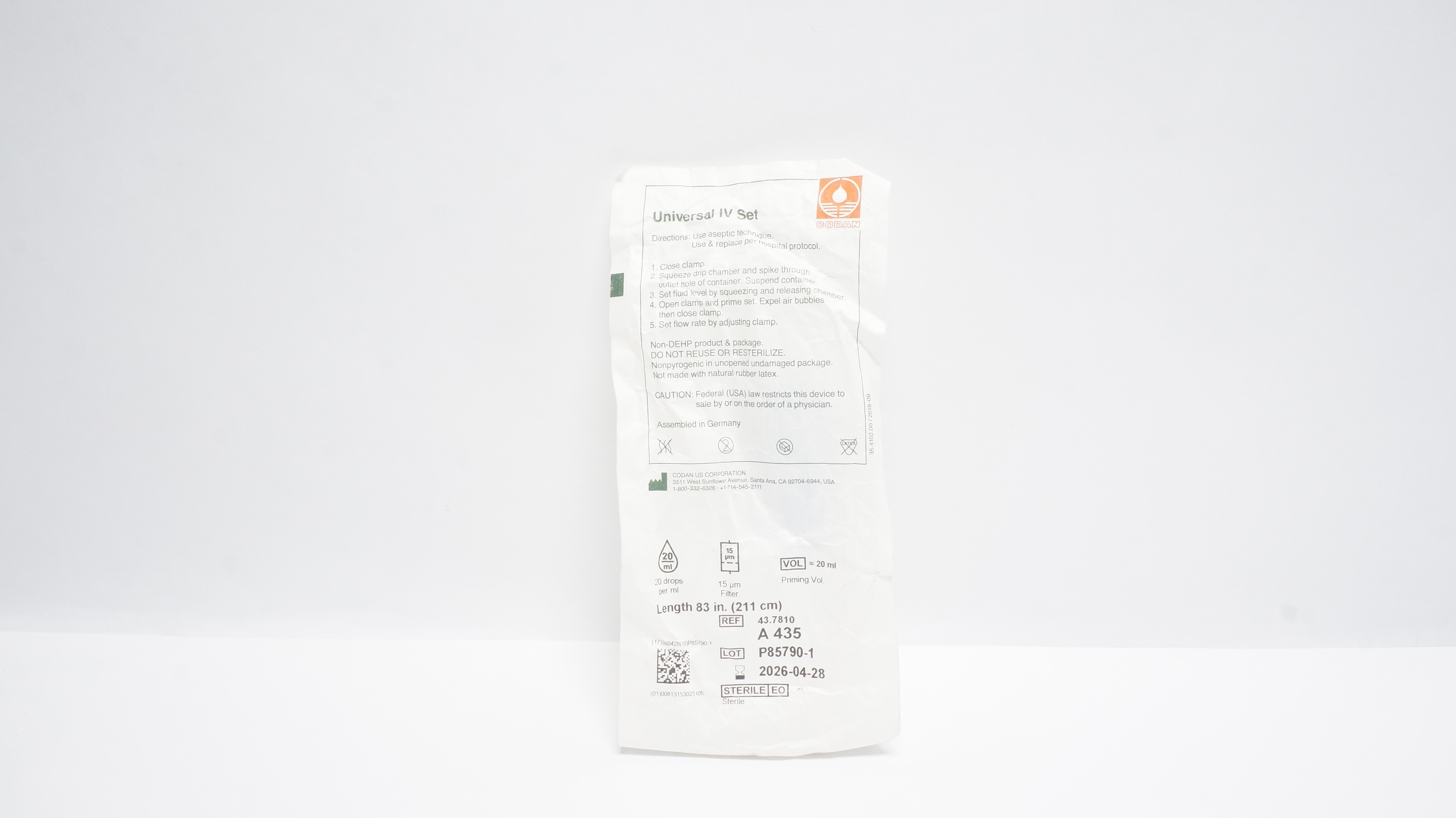 Codan 43.7810 Universal IV Set 20Drops/ml Filter 15µm 83inch, Prim. Vol. 20ml