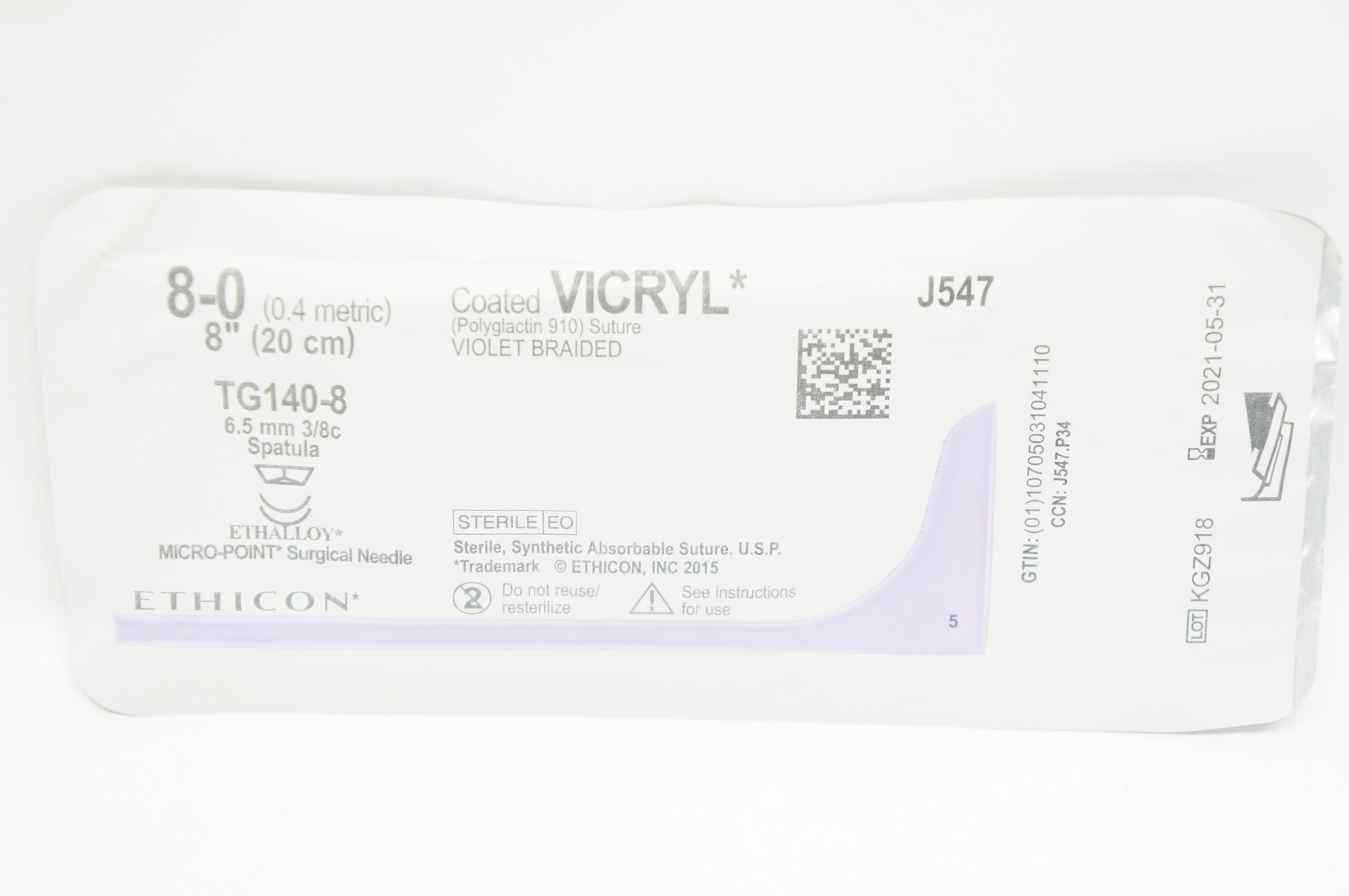 Ethicon J547 8-0 VICRIL TG140-8 6/5mm 3/8c Spatula, 8inch (x)