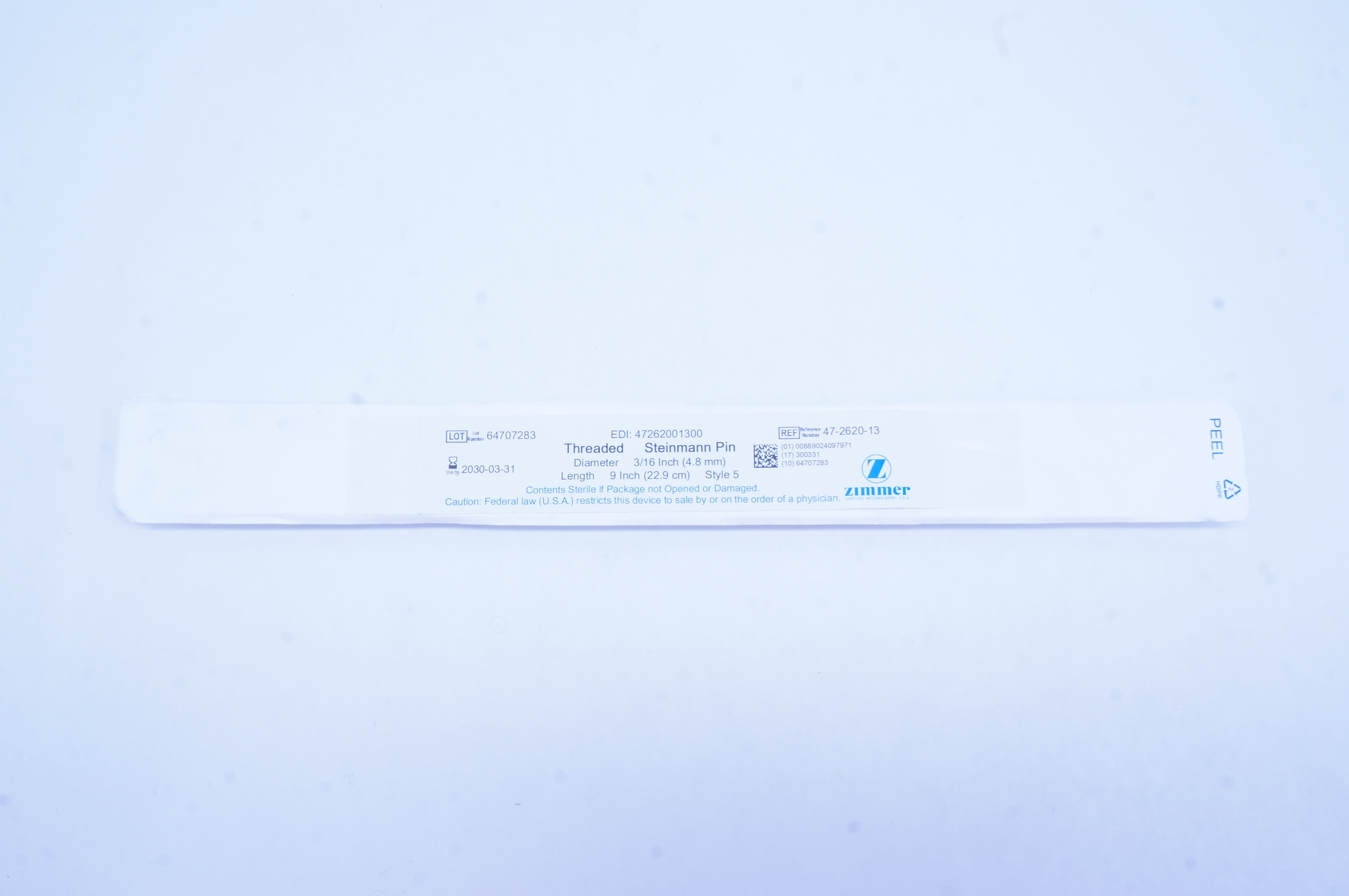 Zimmer 47-2620-13 Threaded Steinmann Pin 3/16 inch x 9 inch, Style 5