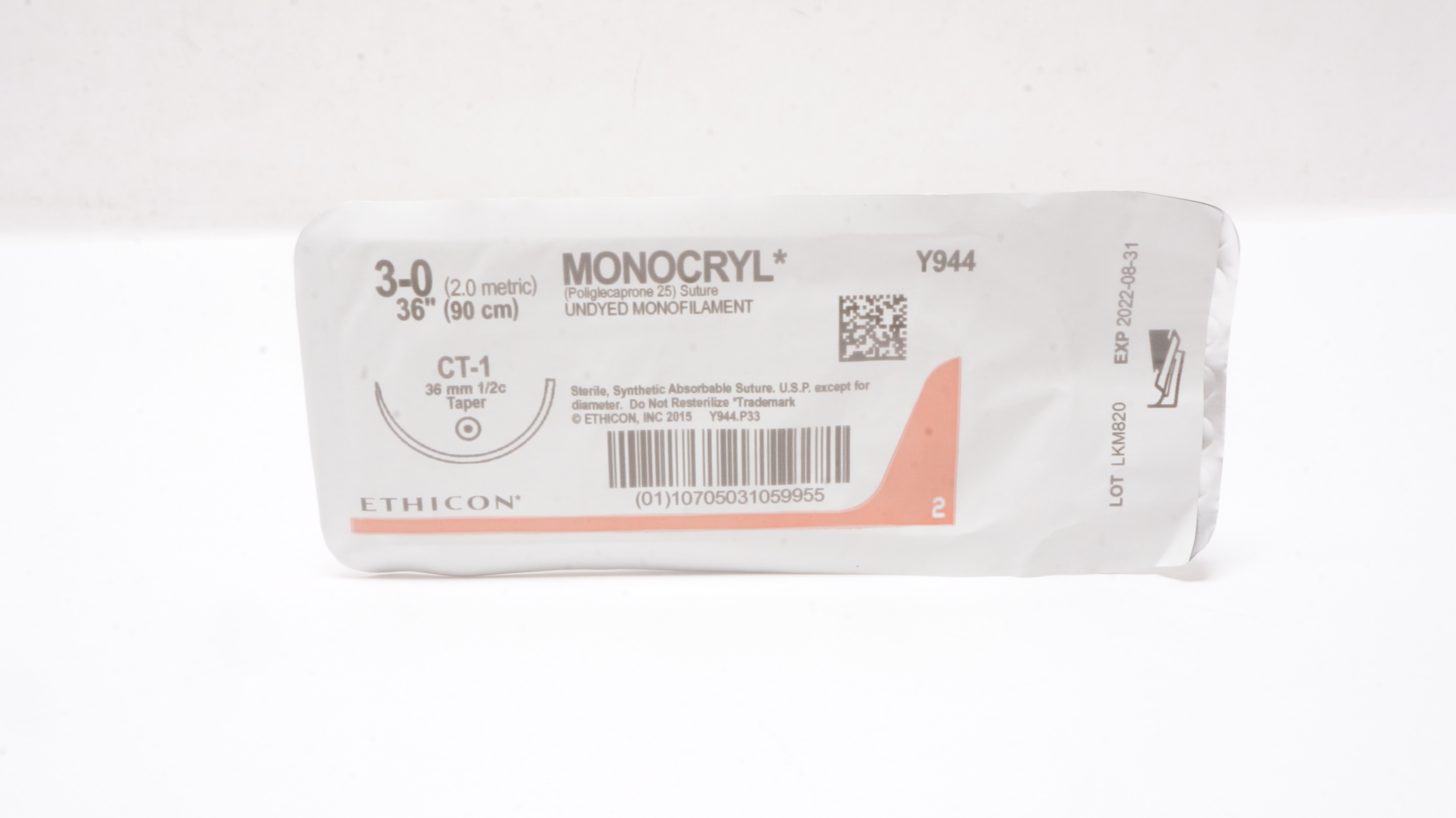 Ethicon Y944 3-0 Monocryl Poliglecaprone Stre CT-1 36mm 1/2c Taper 36inch (x)
