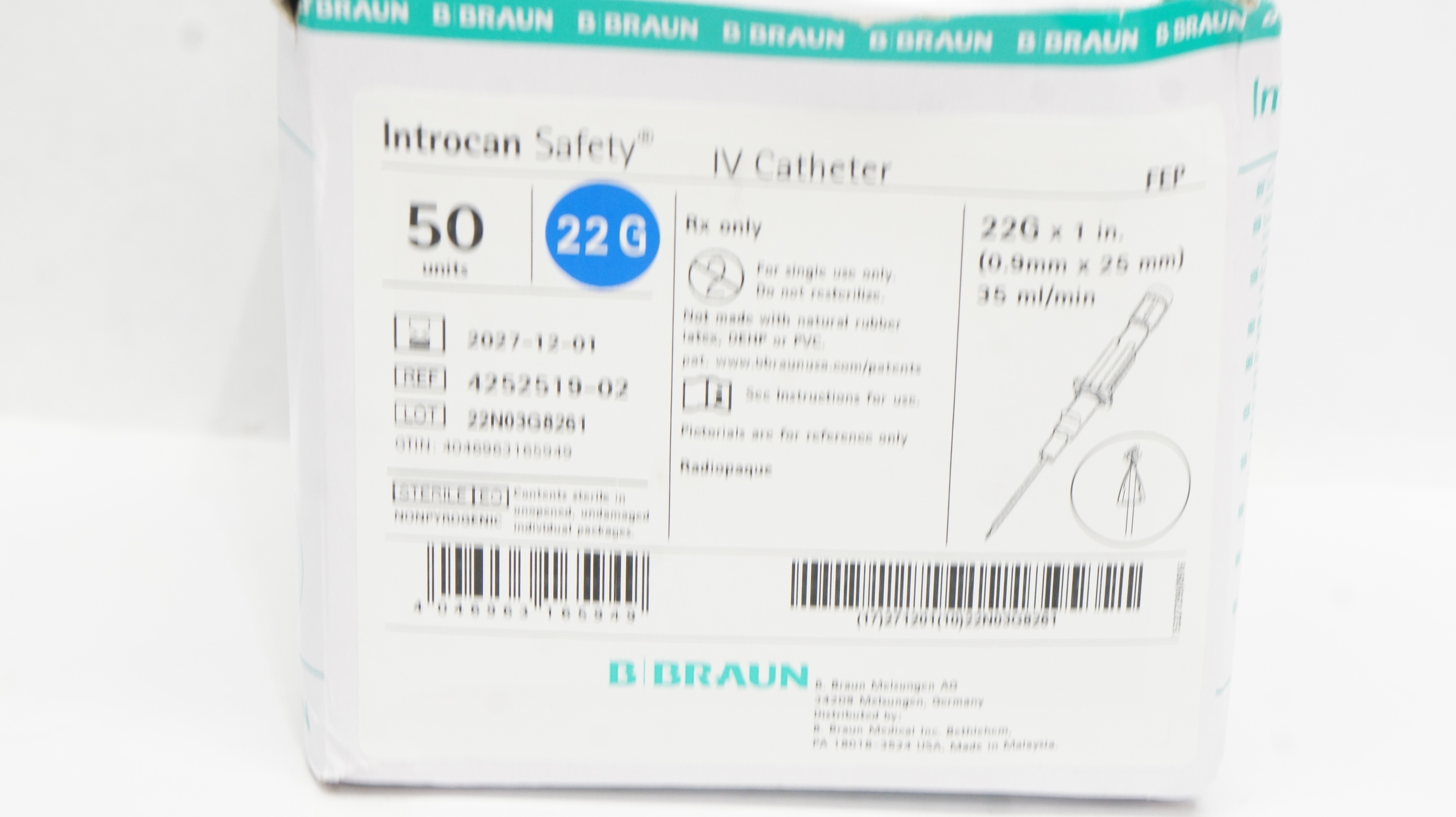 Braun 4252519-02 Introcan Safety IV Cath. 22G x 1inch x 35ml/min - Box of 49