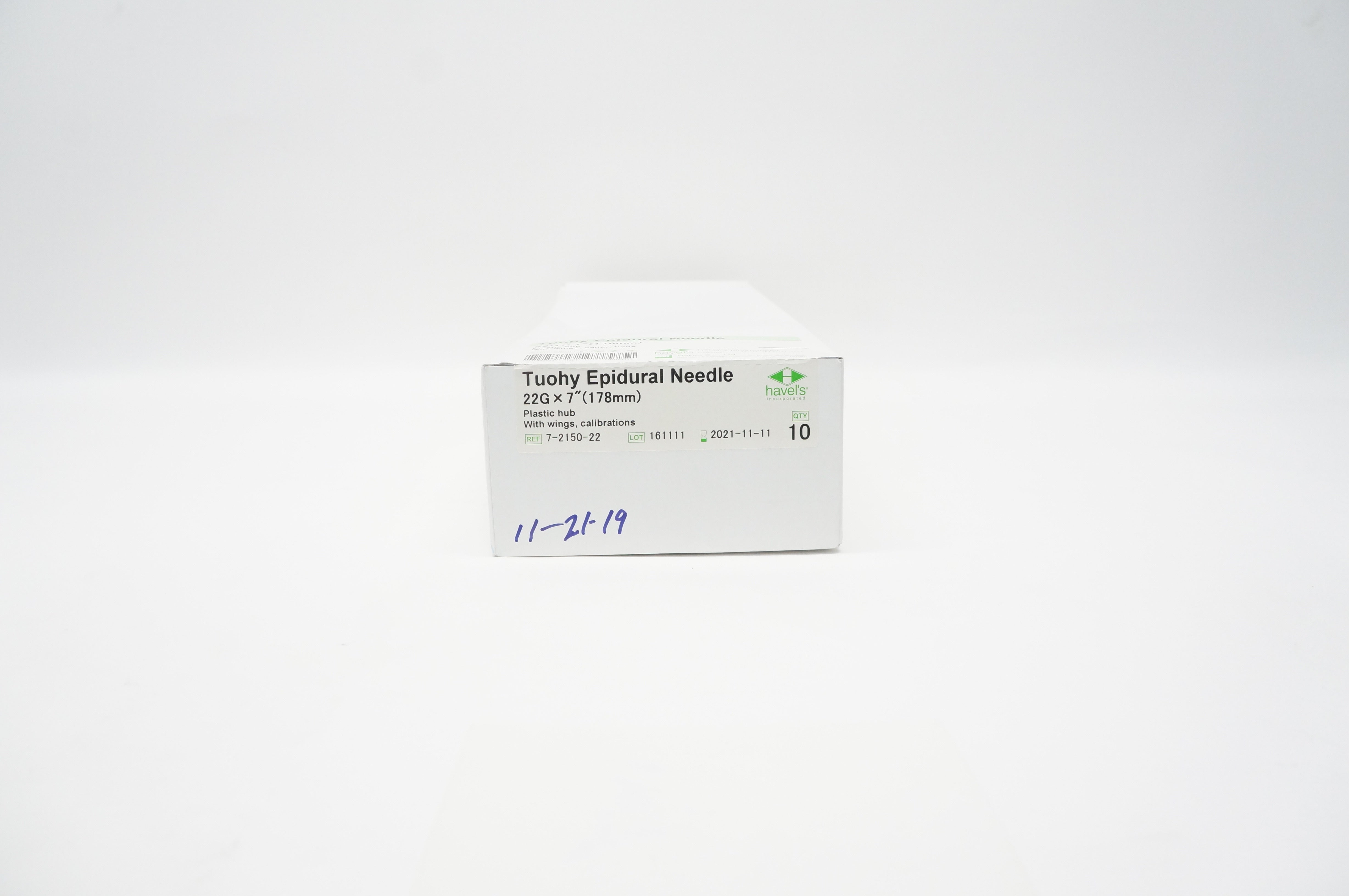 Havel's 7-2150-22 Tuohy Epidural Ndle. Plastic Hub w/Wings 22G x 7in - Box of 8