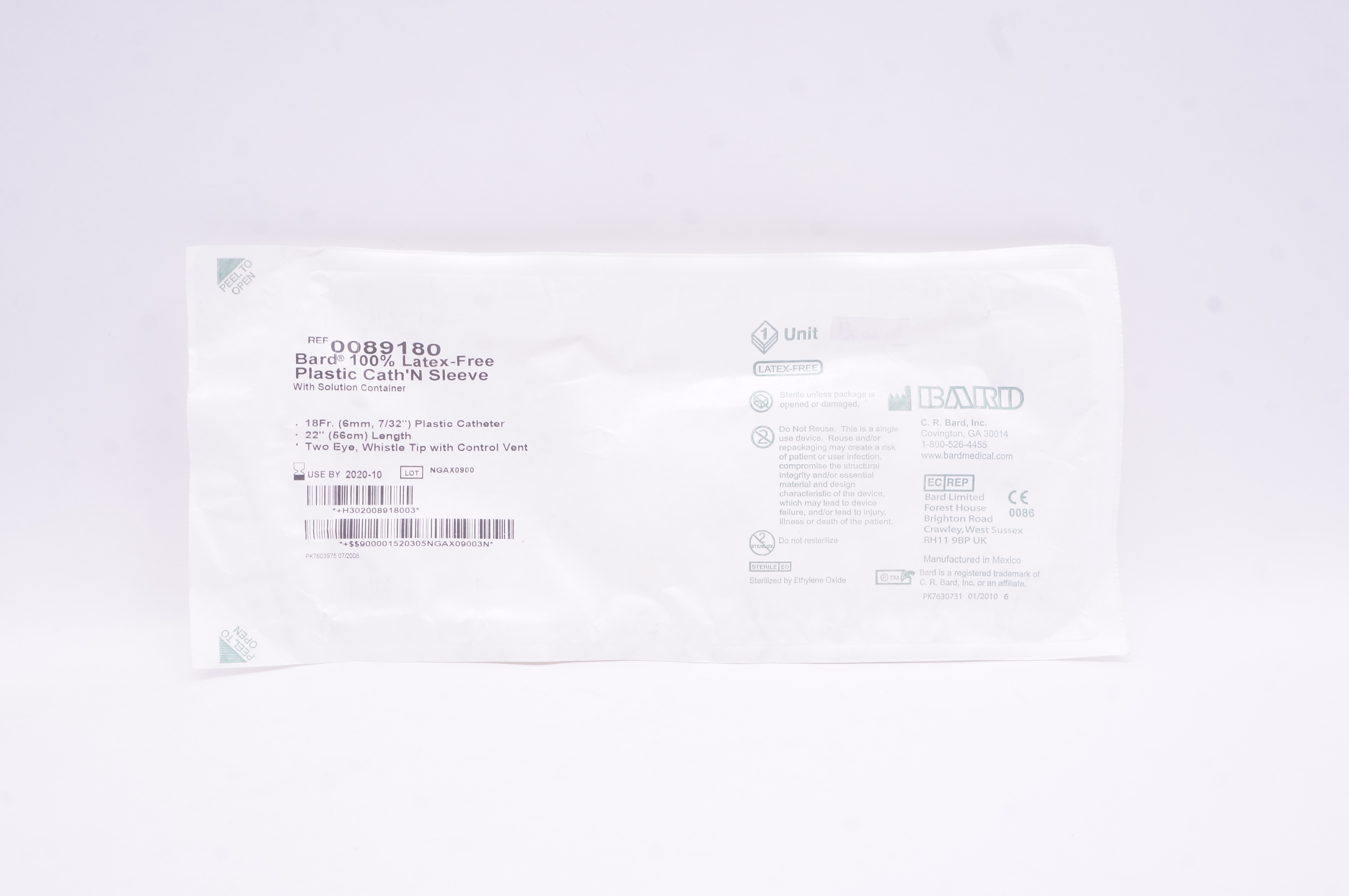 Bard 0089180 Plastic Cath'N Sleeve With Solution Container 18Fr x 22 inch (x)