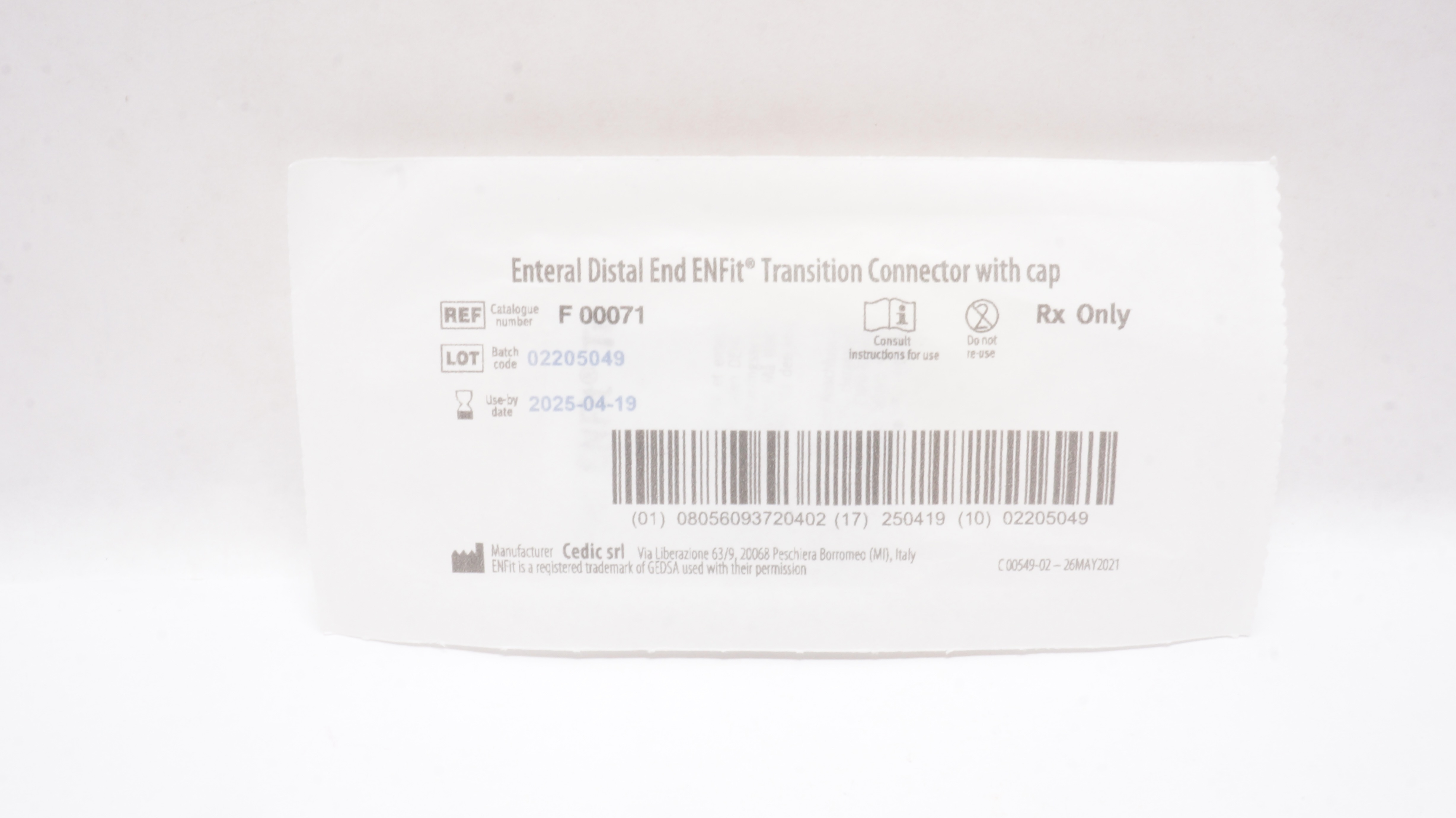 Cedic SRL F00071 Enteral Distal ENFit Transition Connector with Cap
